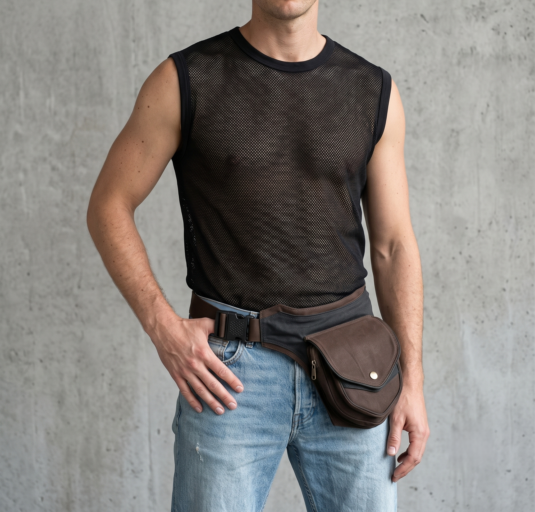 Brown cotton fanny pack with layered chevron pockets and brass snap closure