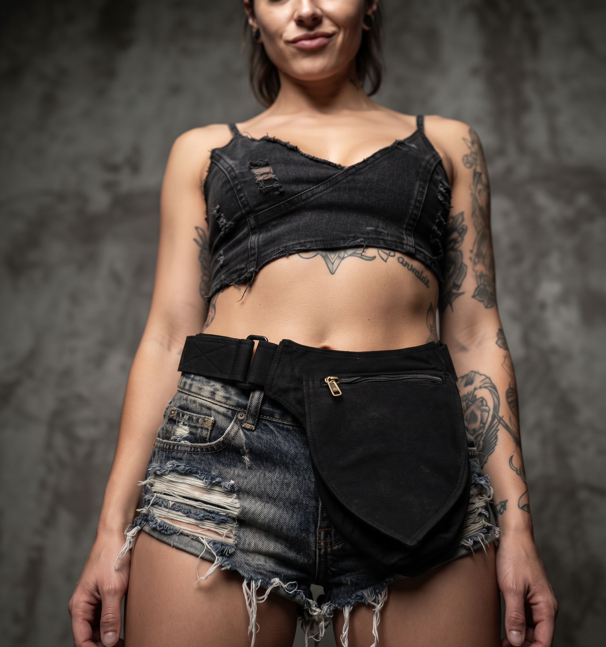 Black Cotton Utility Belt Bag, Boho Festival Hip Pouch, Canvas Bum Bag Fanny Pack, Hands Free Travel Waist Bag with Zipper Pocket For Unisex.