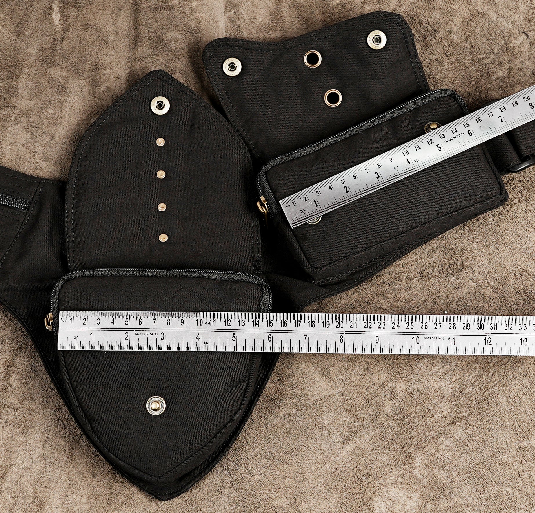 Tribal style black cotton hip belt bag with antique brass snaps