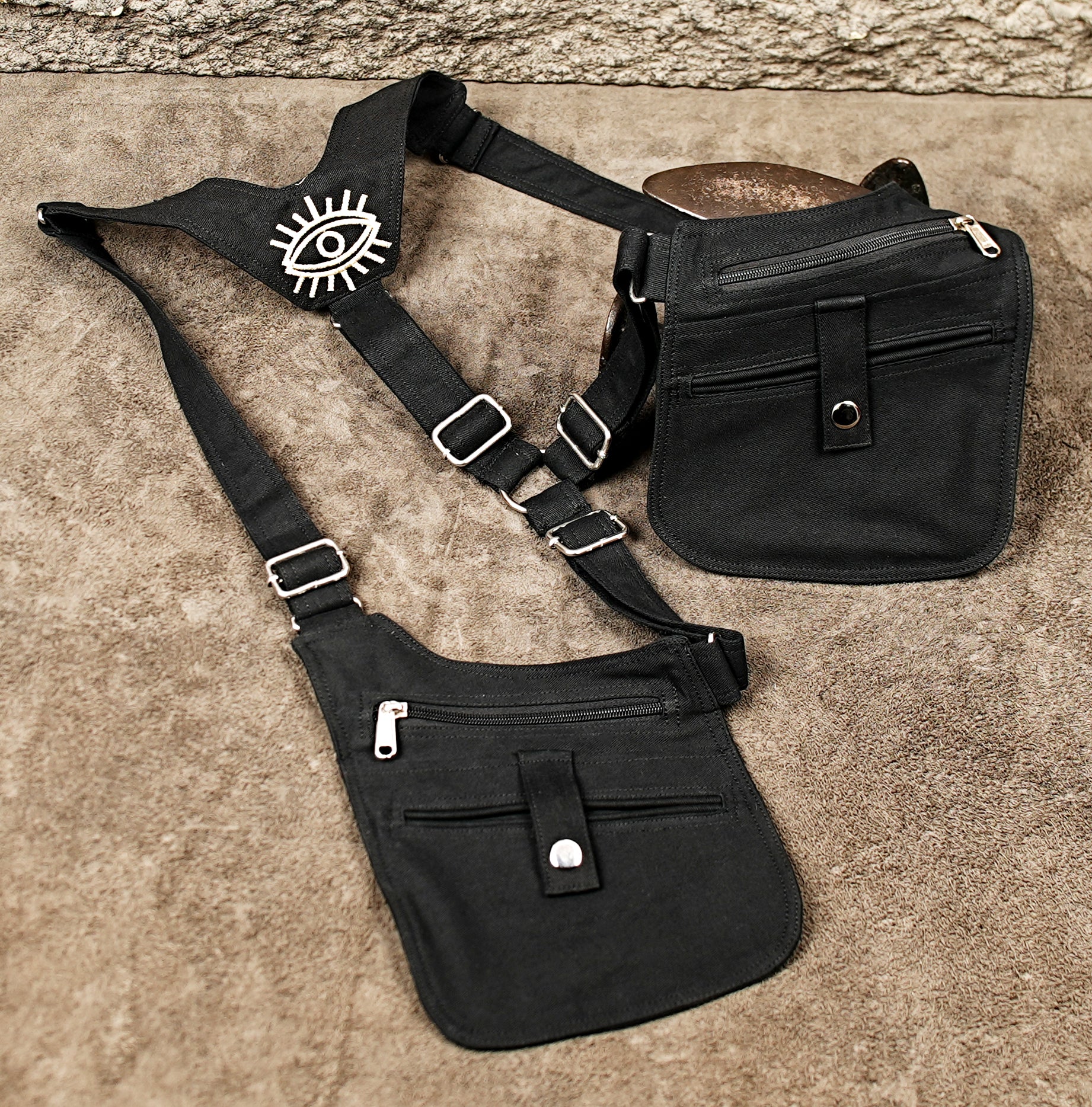 Double pocket cotton shoulder holster bag with evil eye embroidery