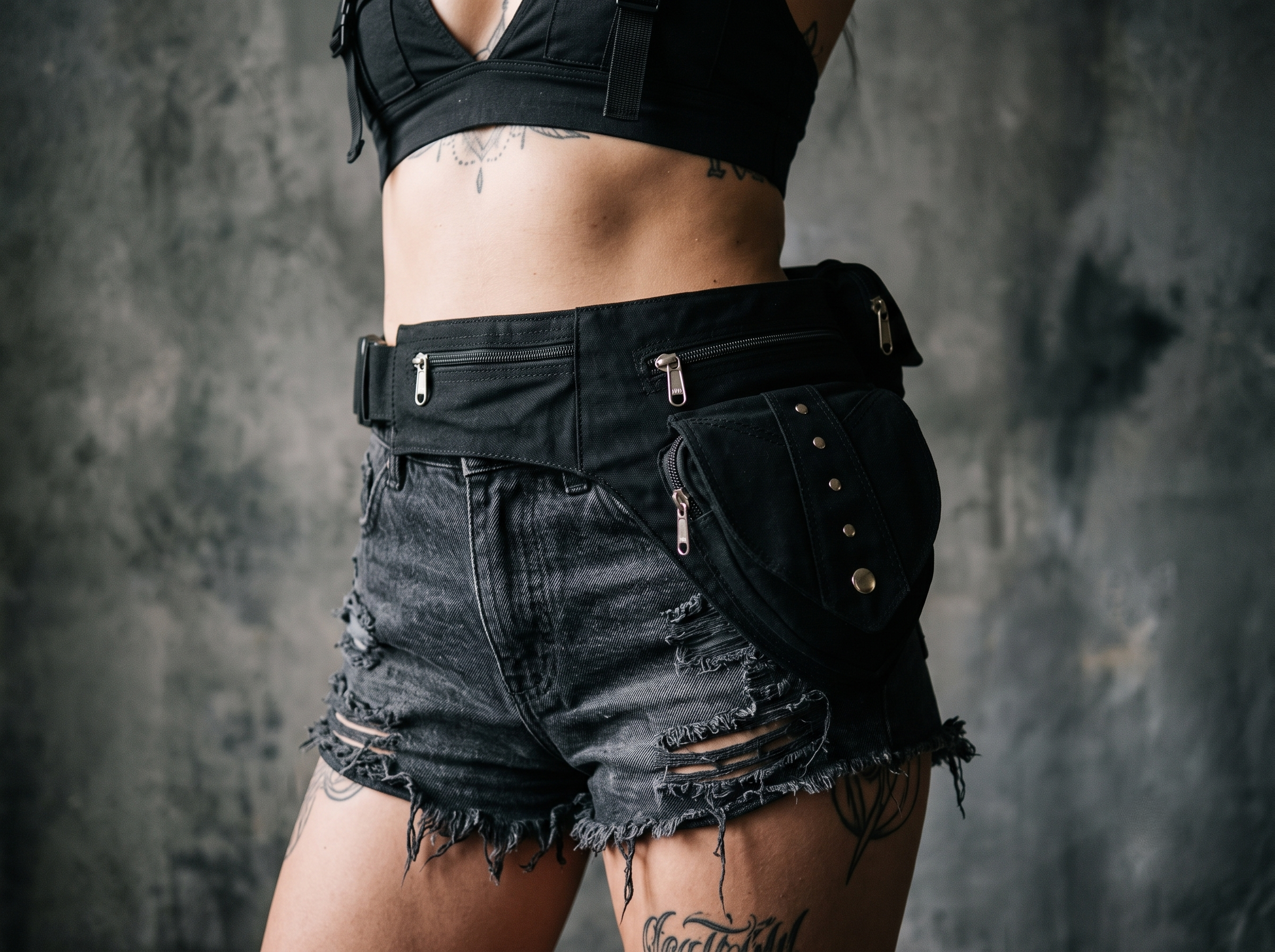 Black cotton cross-body belt bag with multiple storage compartments