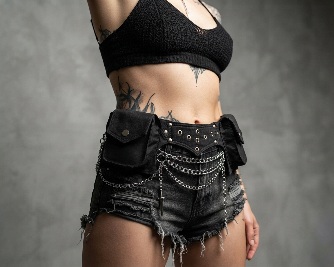 Black cotton utility belt with snap pockets, zip pocket and lace-up ties