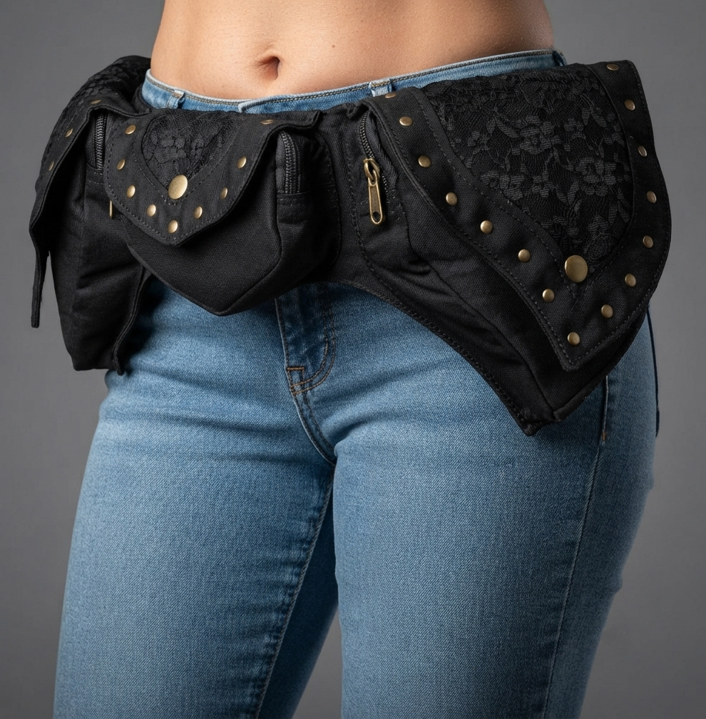 A black studded and lace-patterned waist bag 