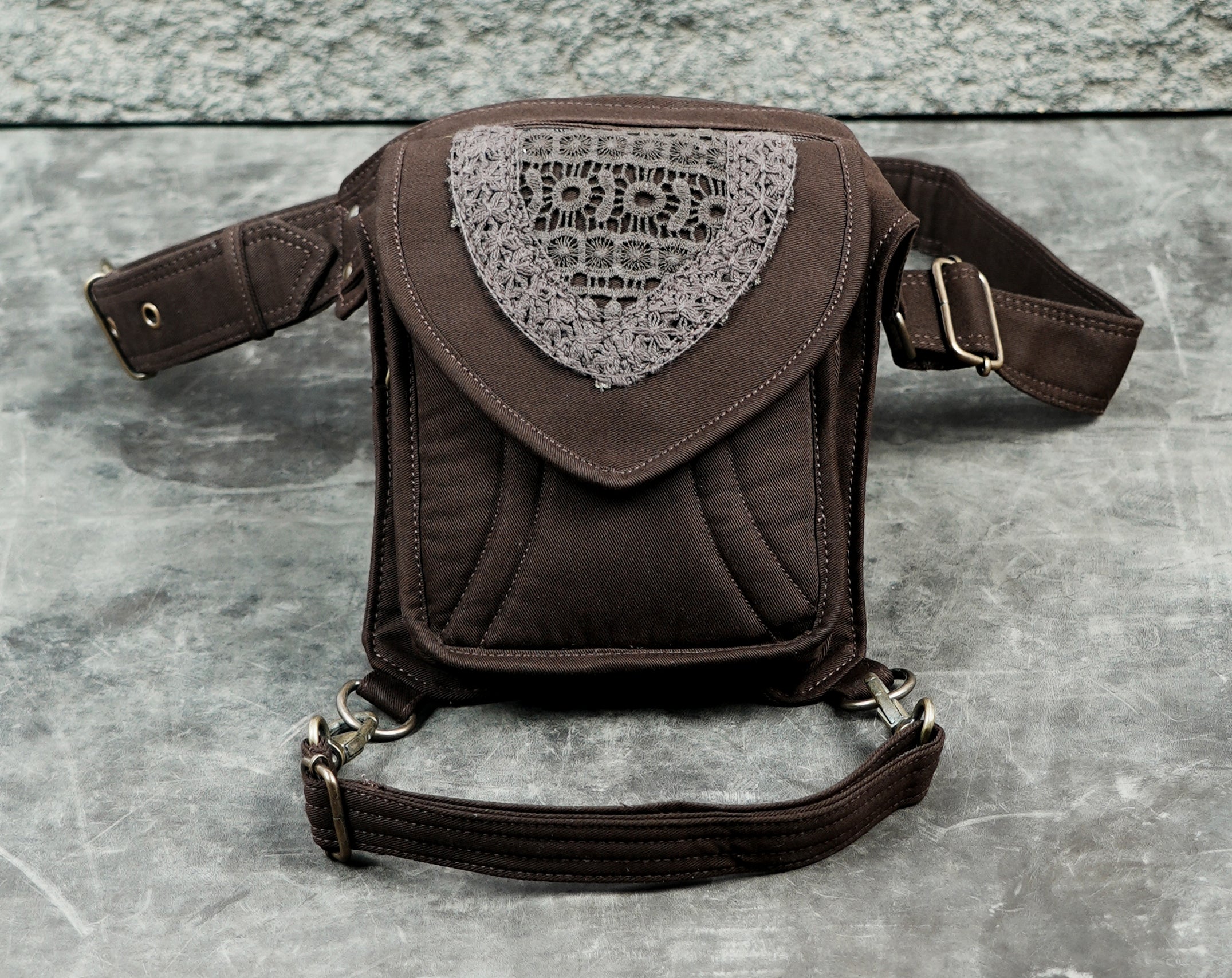 Boho cotton hip belt bag with heart lace front pocket