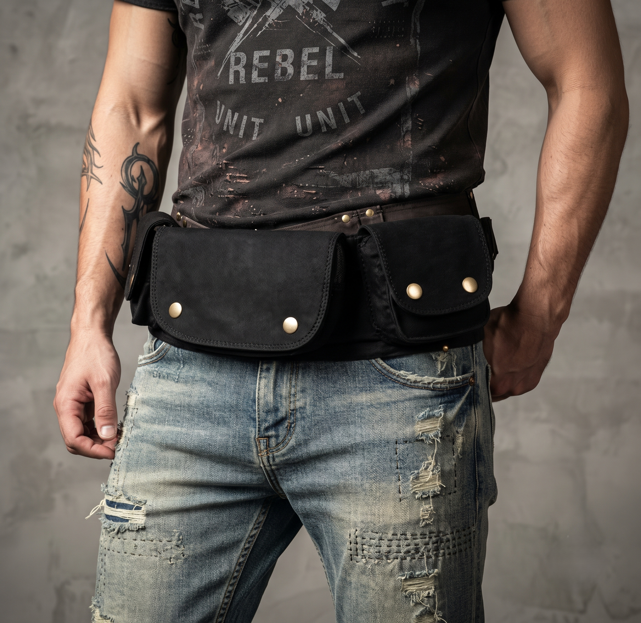 Unisex Black Cotton Canvas Utility Waist Bag with Multiple Pockets for unisex.