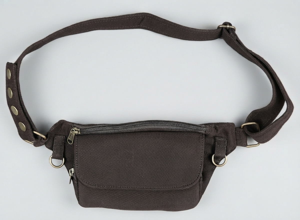 Adjustable black cotton waist pouch with practical storage compartments