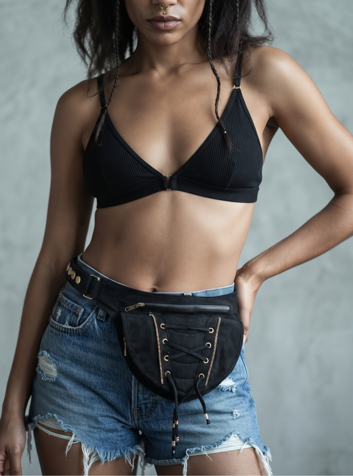 Black Cotton Canvas Fanny Pack with Goth Stud Detail - Stylish Utility Waist Bag for Travel & Festivals for unisex