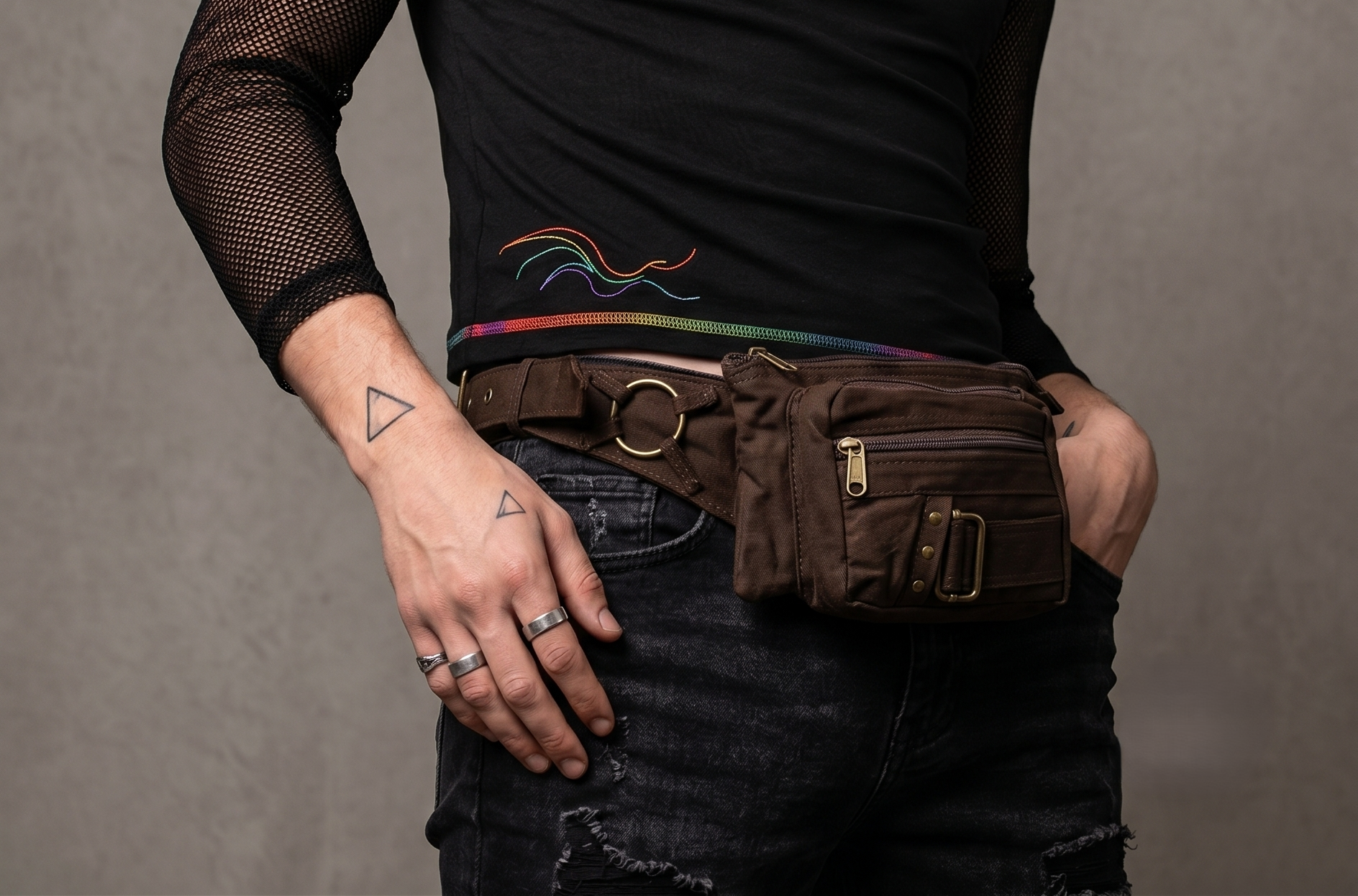 Festival Utility Belt – Black Canvas Waist Bag with Grommets & Antique Brass Details