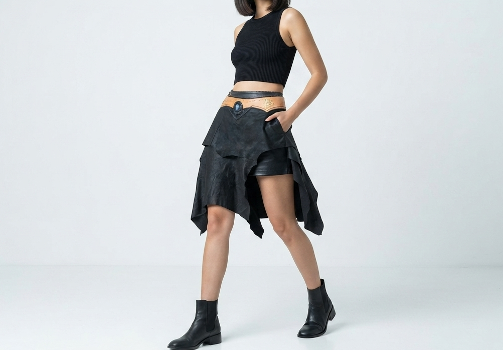 Handmade Bohemian Leather Skirt with Labradorite Stone and Studded Trim