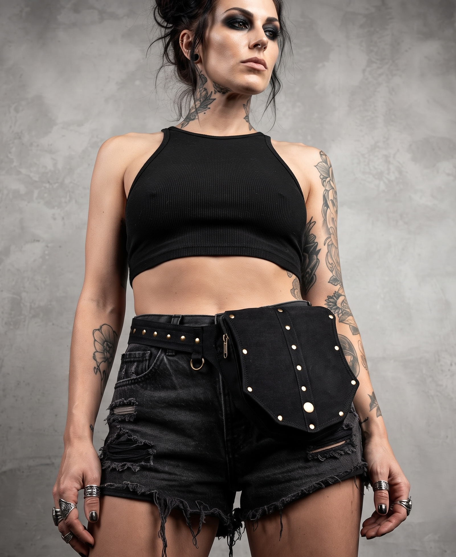 Handcrafted Gothic Cotton Utility Waist Bag – Multi-Pocket Hip Pouch with Brass Hardware & Stud Detail