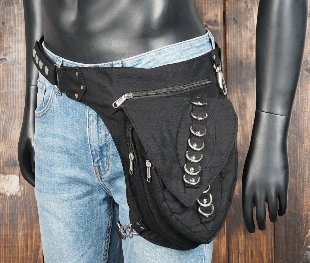 Functional outdoor hiking leg holster pouch flat lay perspective.