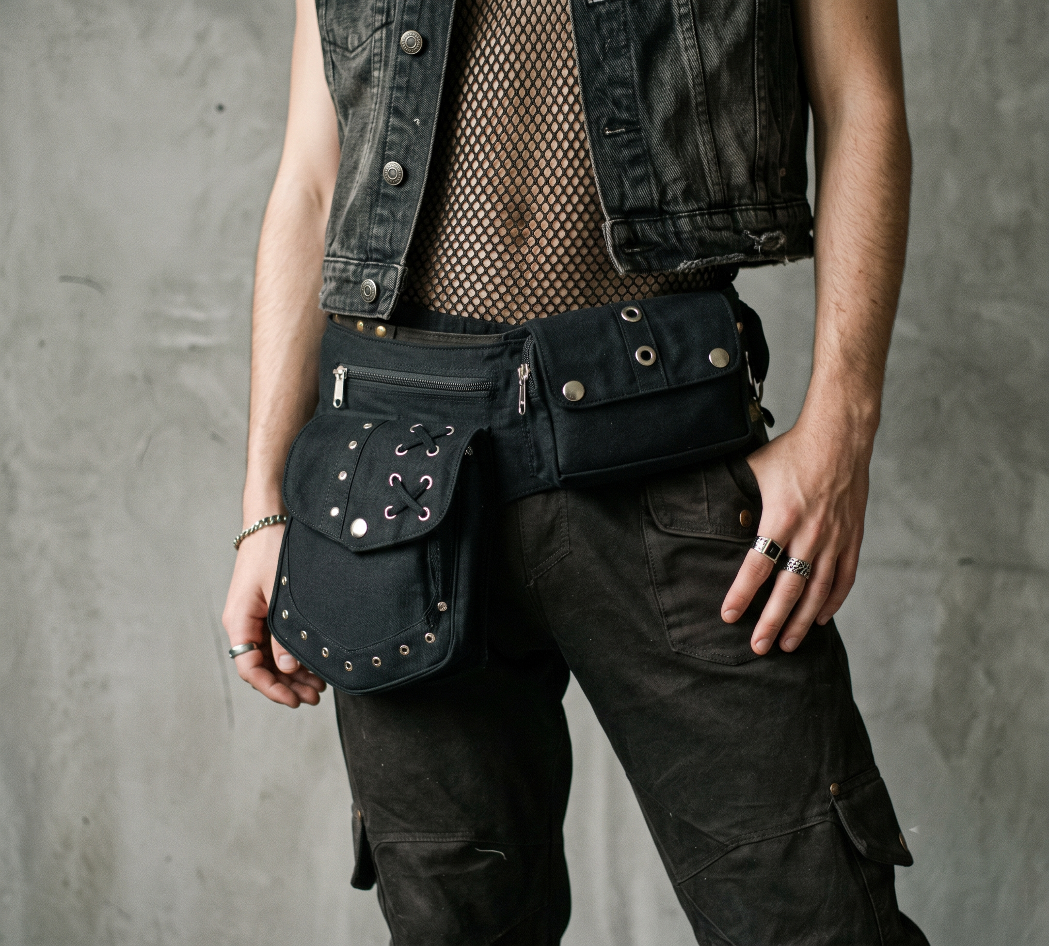 Black Cotton Utility Waist Belt Bag with Studded Pockets and Silver Hardware For Unisex.