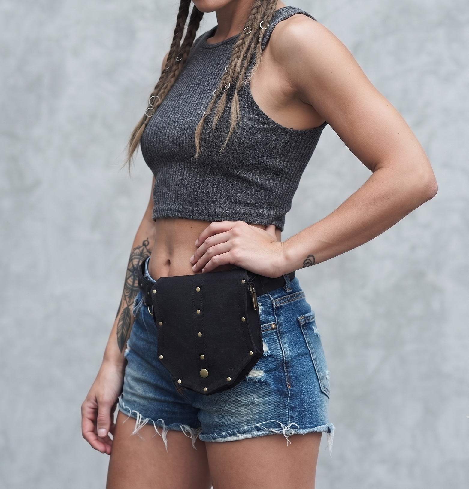 Steampunk Utility Belt Bag - Black Canvas Hip Pouch with Antique Brass Studs