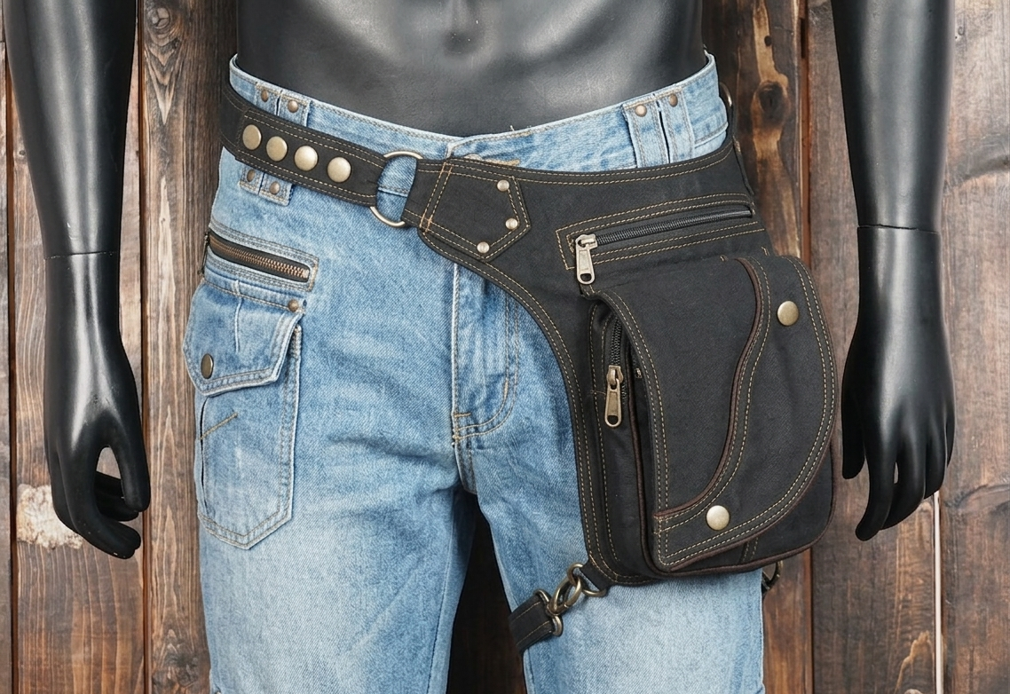 Durable black canvas waist belt bag with multiple secure pockets and metal swivel clasps.