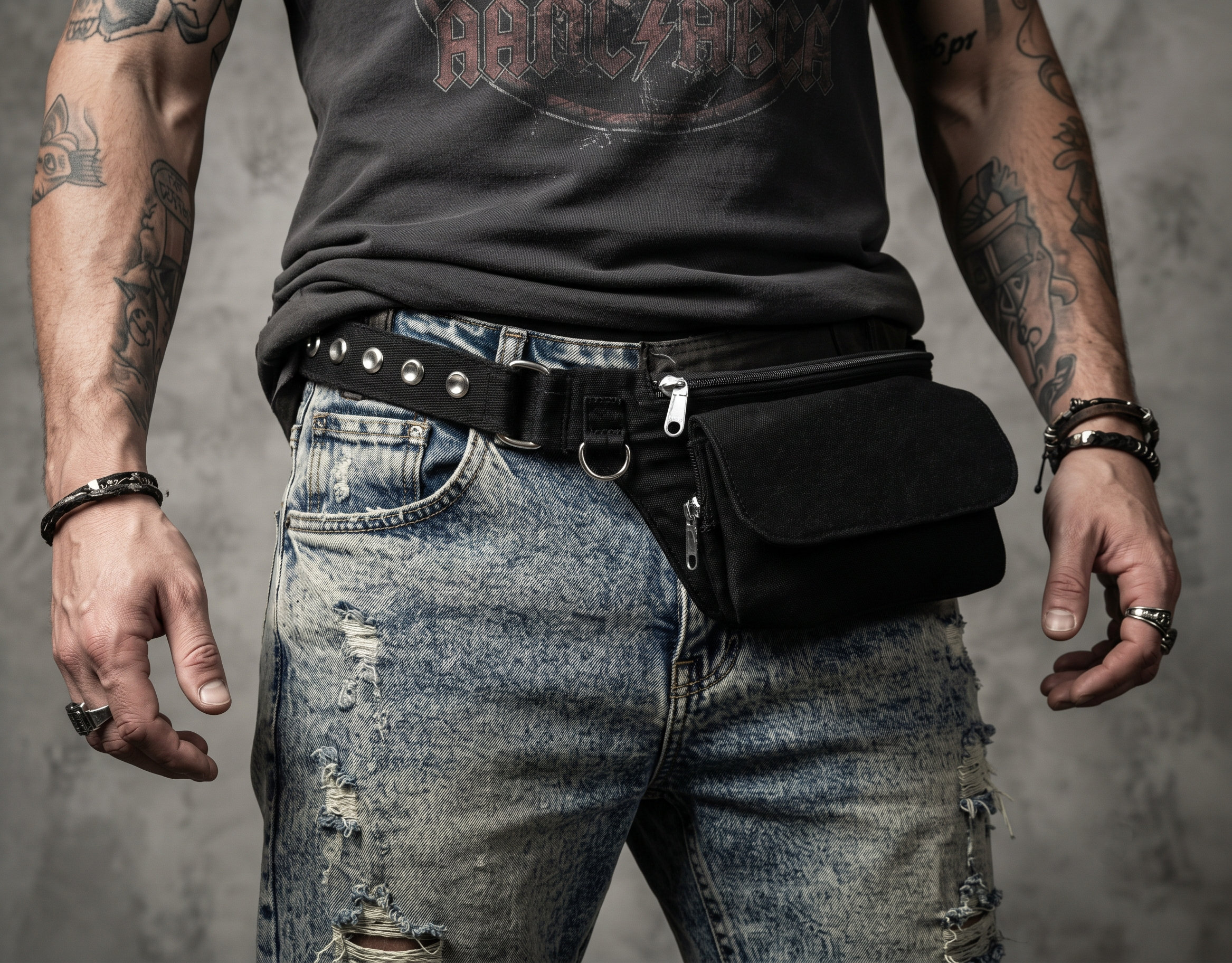Studded Black Cotton Fanny Pack & Utility Belt Bag – Adjustable Hip Pouch with Zipper and Flap Pocket for Festivals & Travel for unisex.