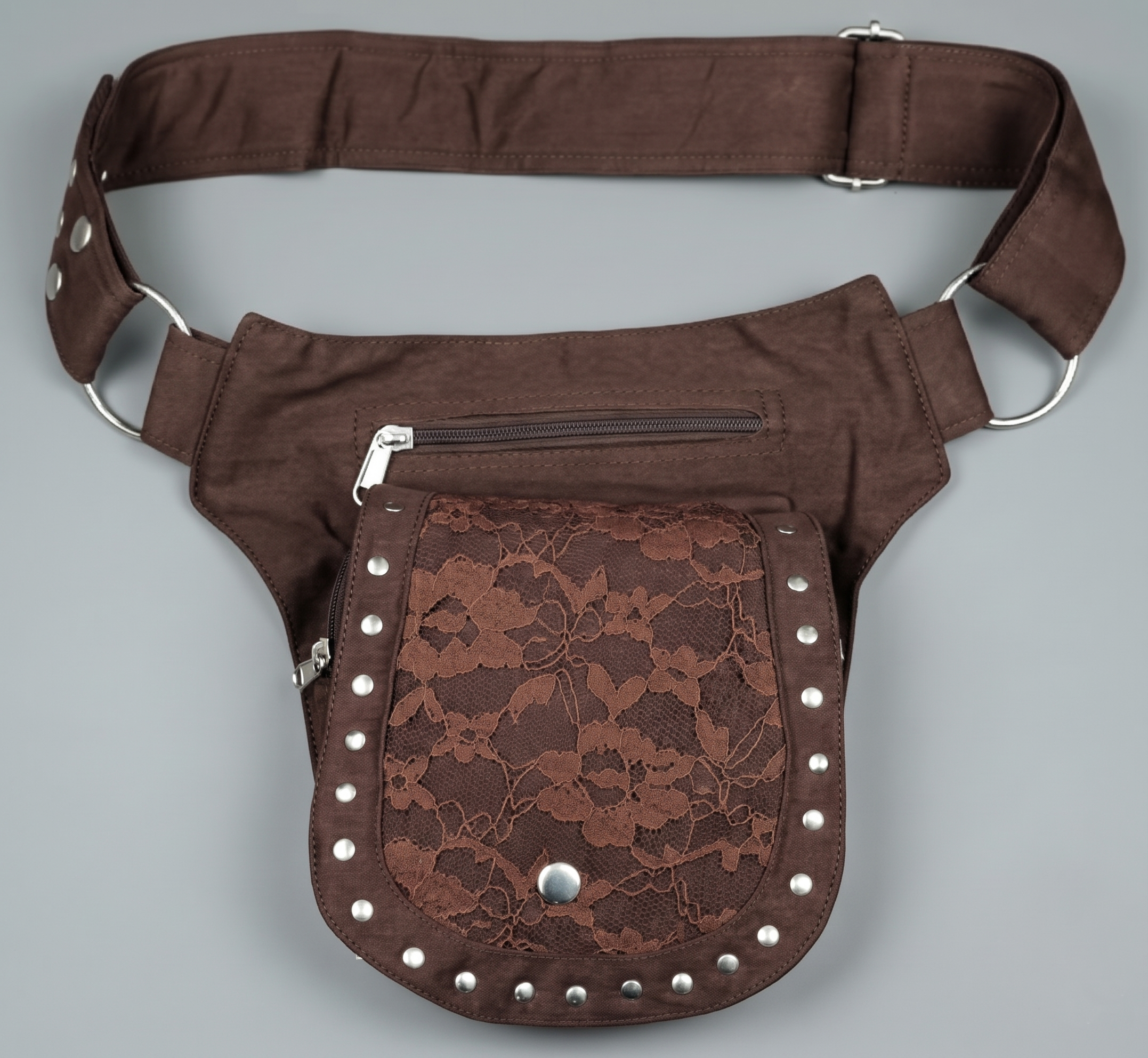 Steampunk Goth Black Lace Waist Belt Bag - Festival Utility Pocket with Studs & Large O-Ring For Unisex.