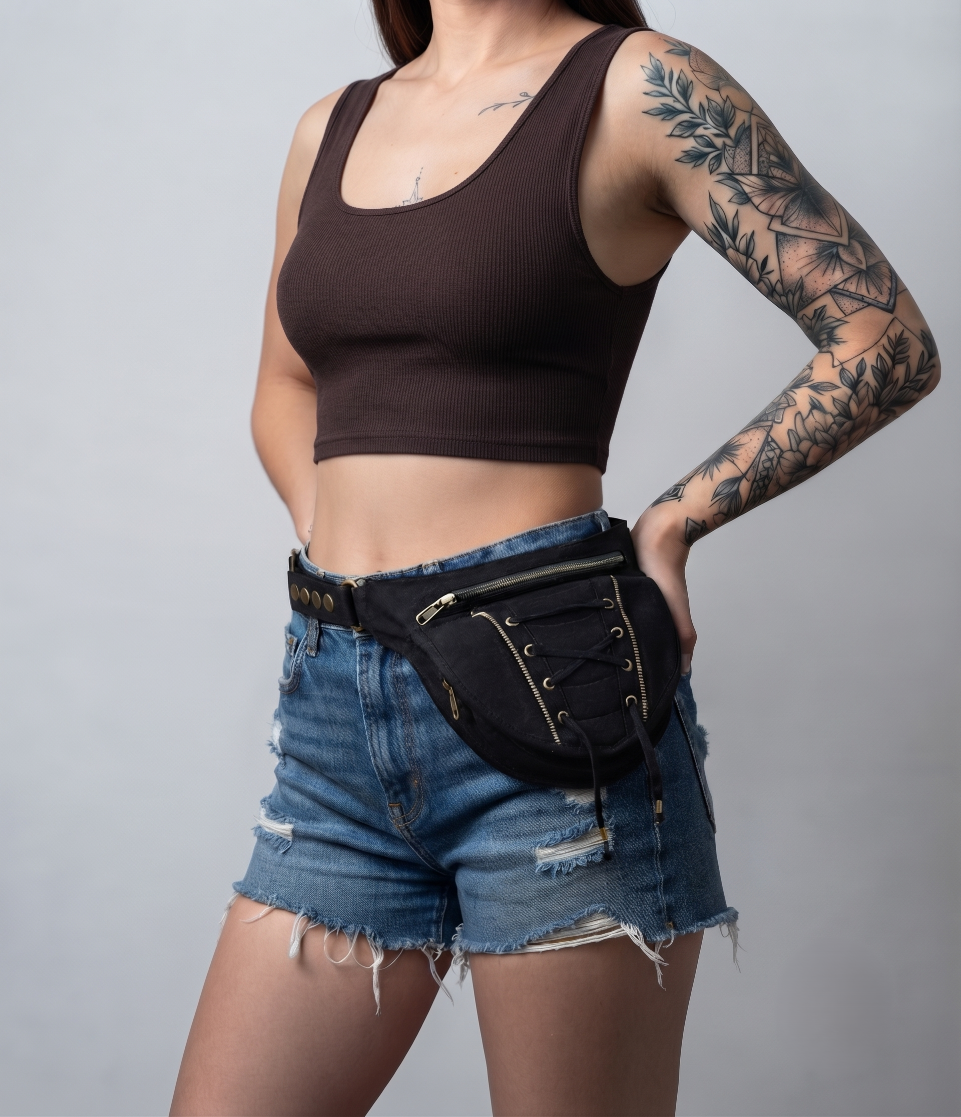 Steampunk Utility Belt Bag - Black Canvas Hip Pouch with Corset Lacing