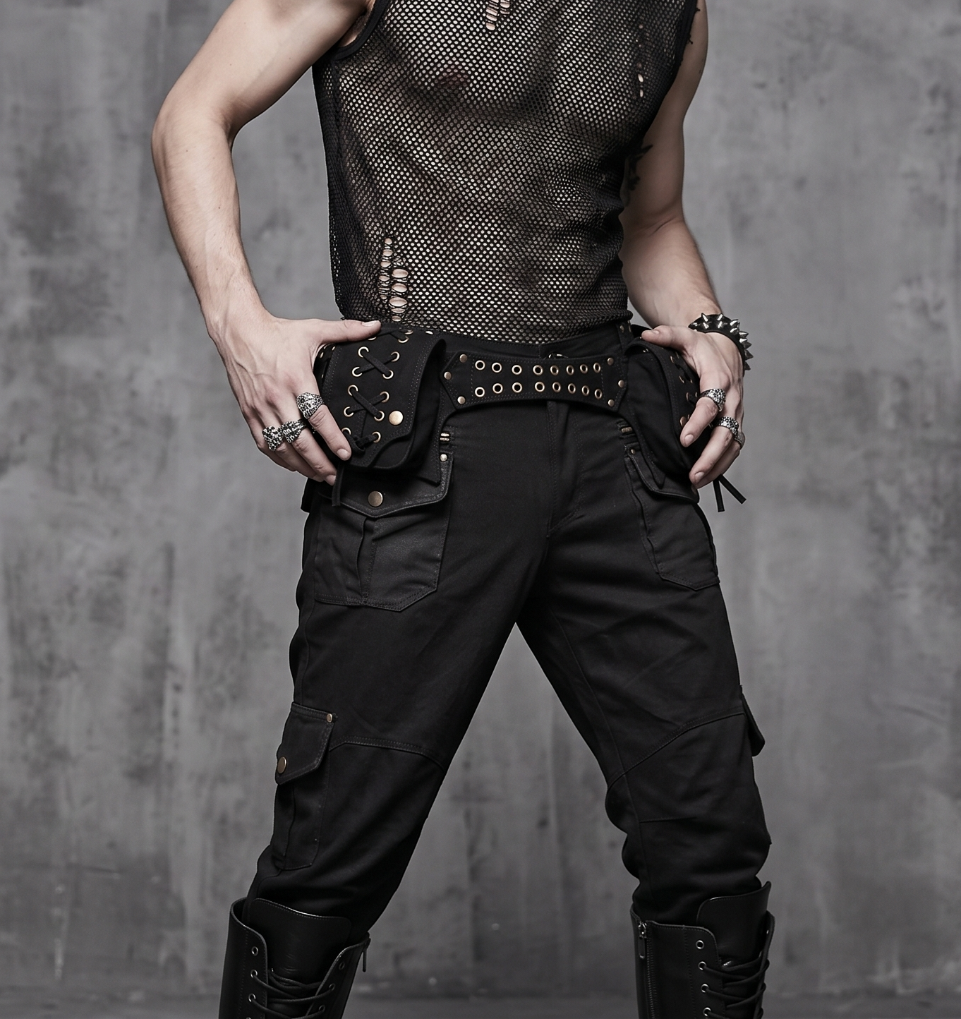 Black Steampunk Utility Belt with Pockets and Grommet Details & Multi-Pocket Festival Hip Bag