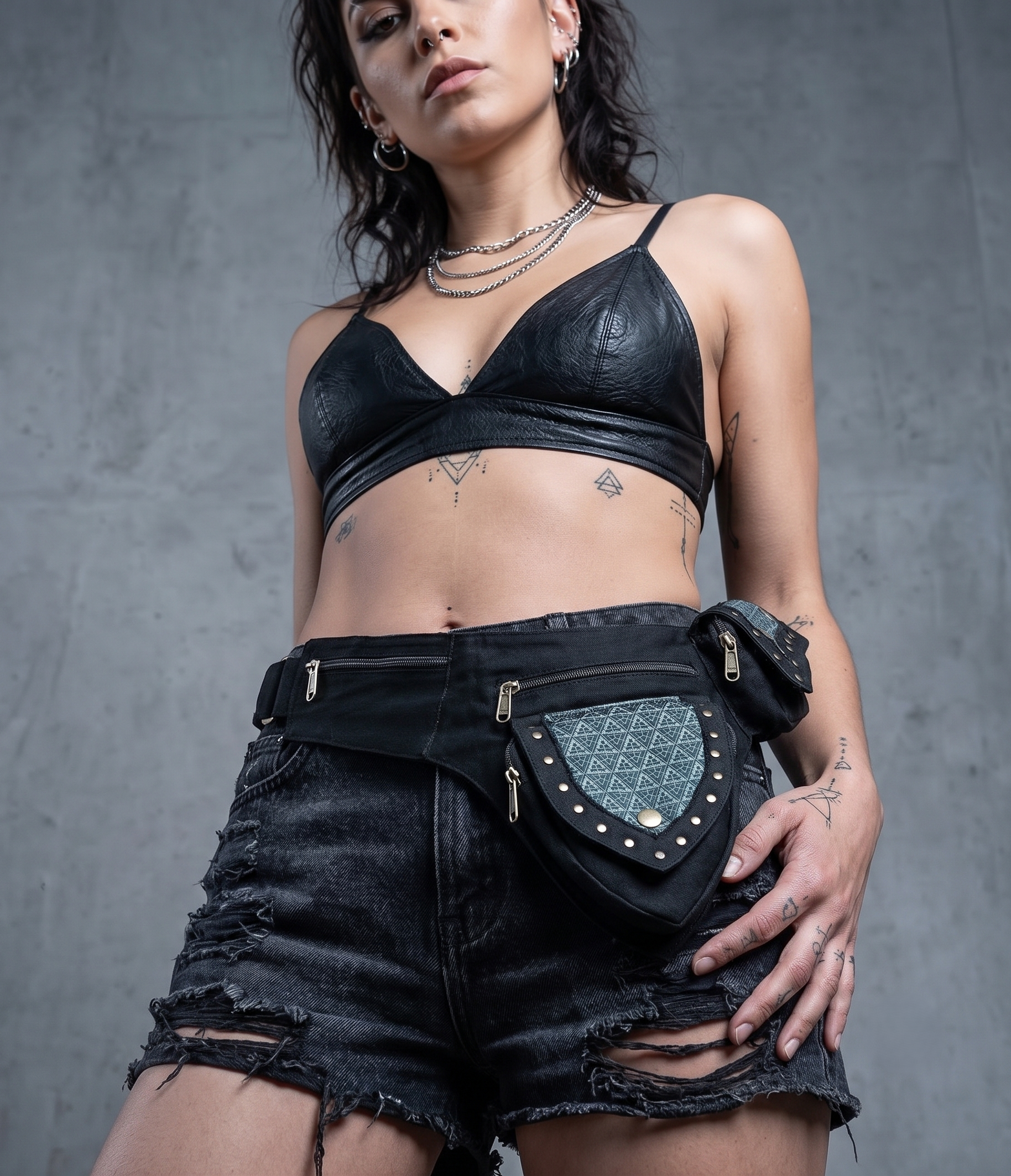 "Black Canvas & Aztec Print Utility Belt Bag - Unisex Steampunk Festival Hip Pack with Studs & Adjustable Strap"