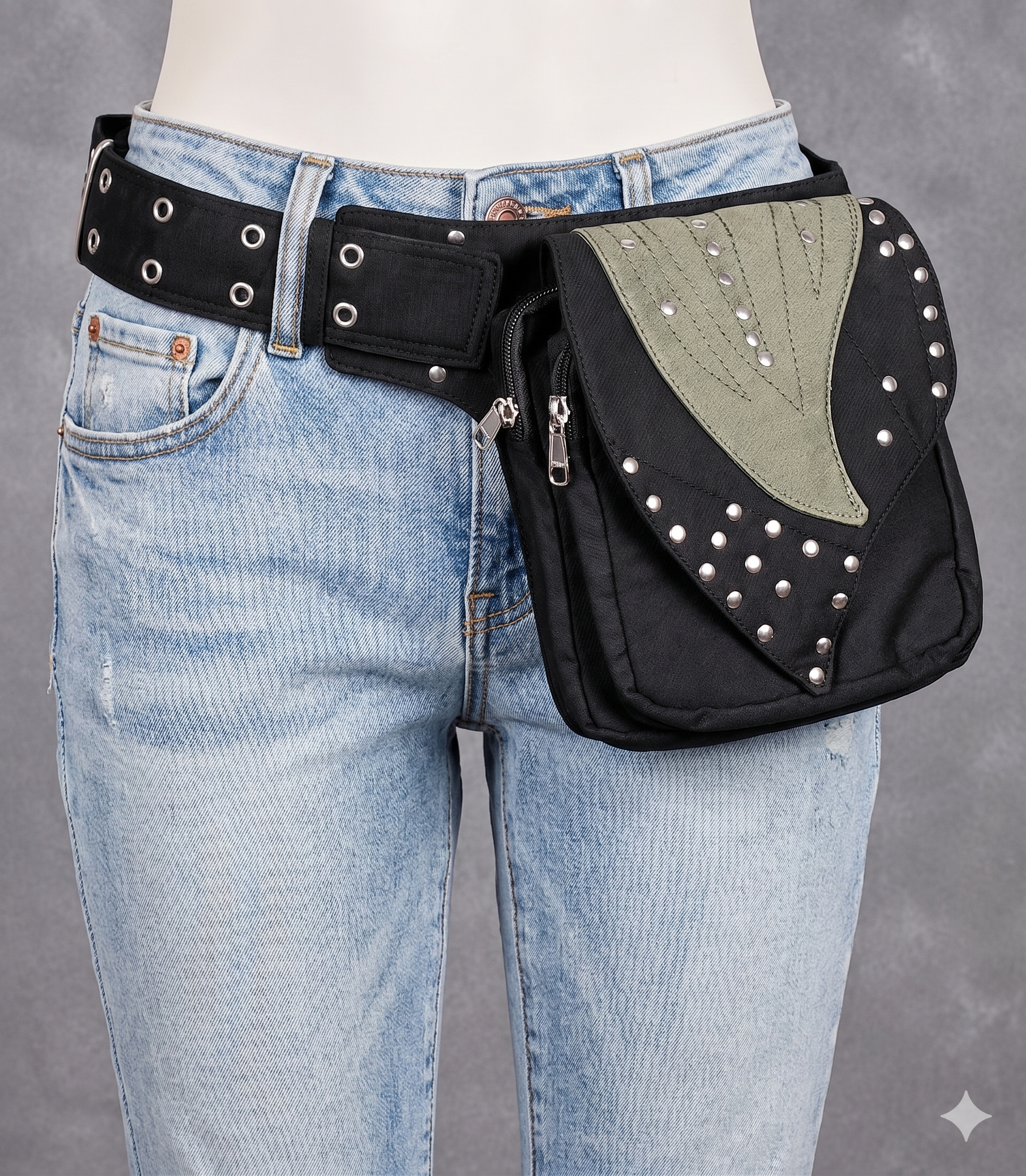 Black cotton utility belt pouch with studded flap and dual zipper pockets