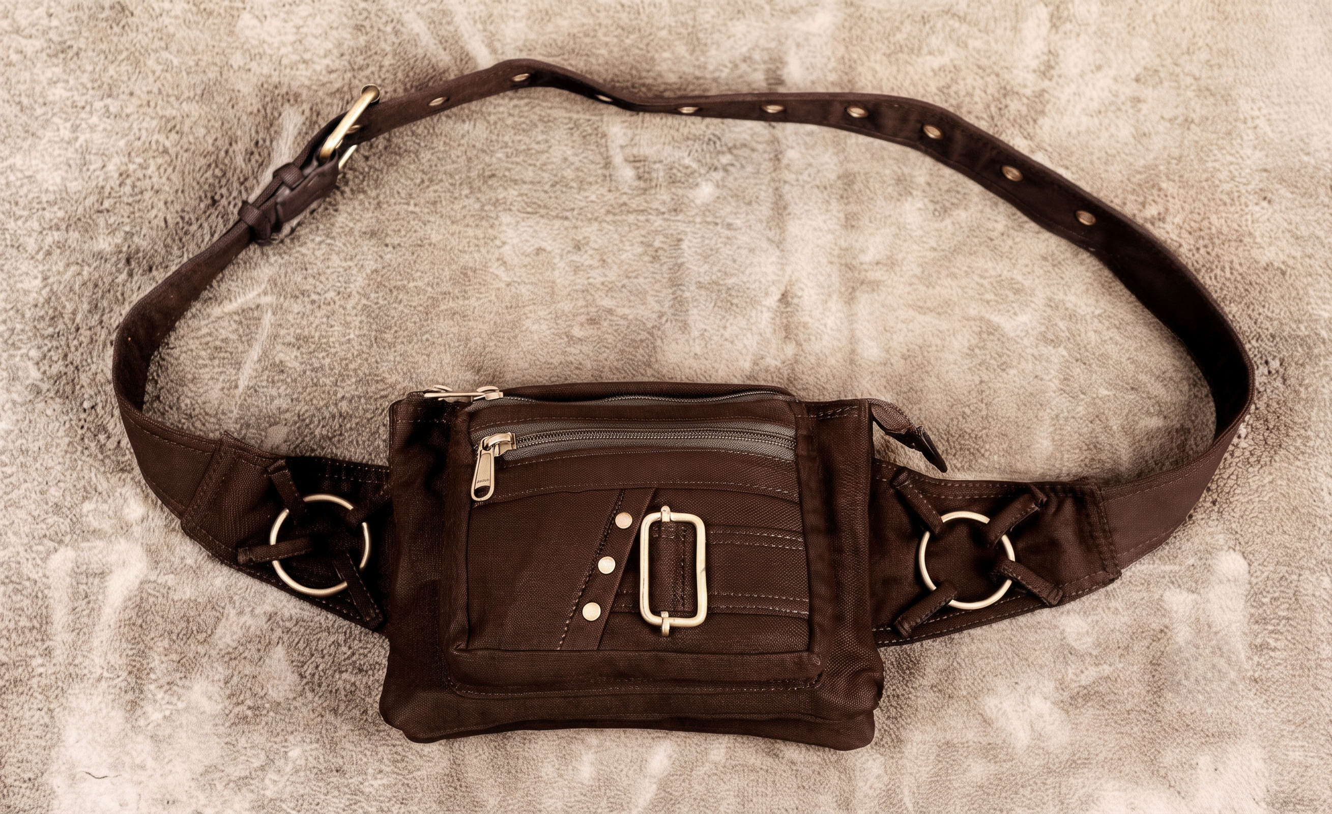 Festival Utility Belt – Black Canvas Waist Bag with Grommets & Antique Brass Details