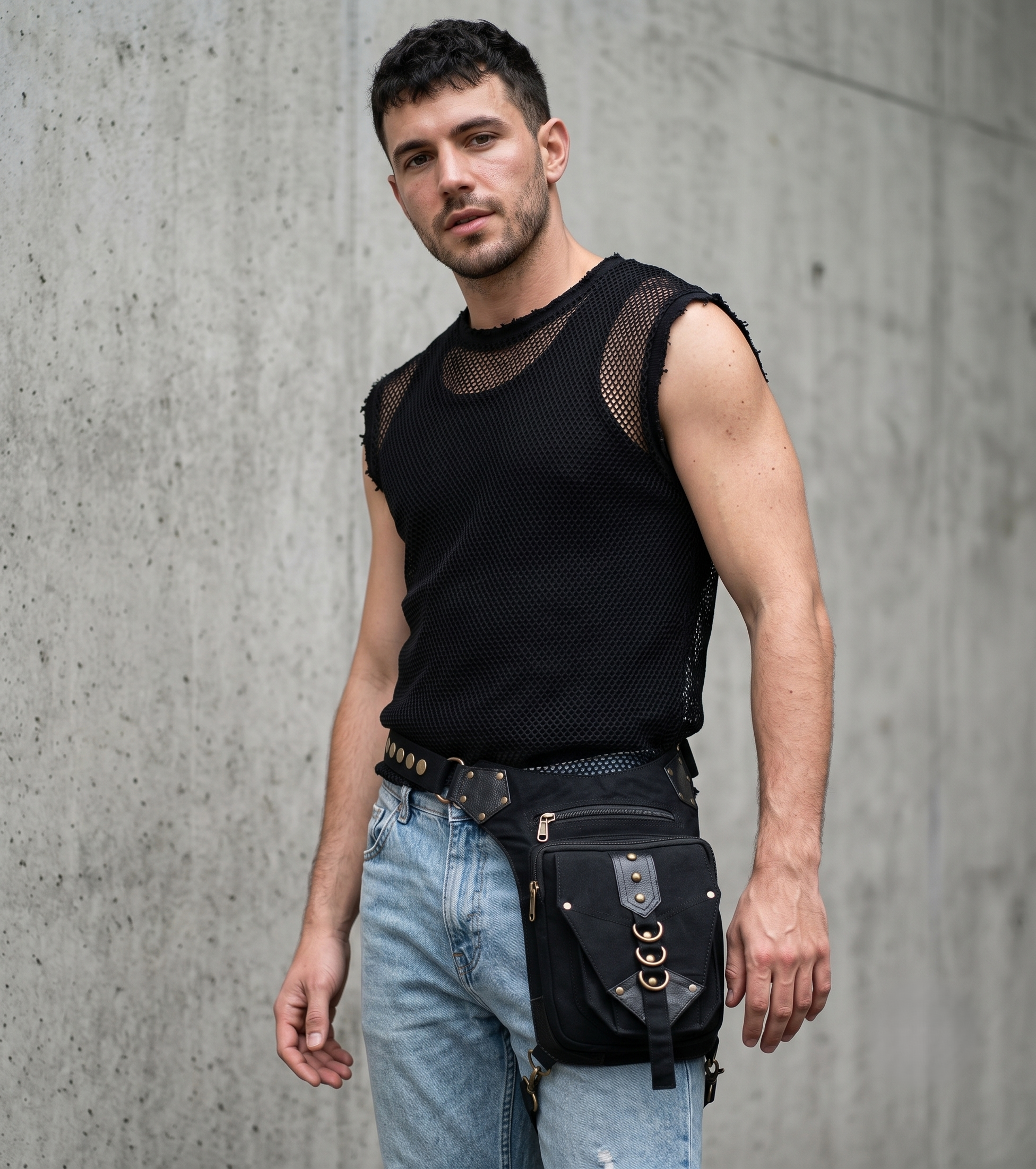 Black canvas waist and thigh support strap with metal clips for holster bag