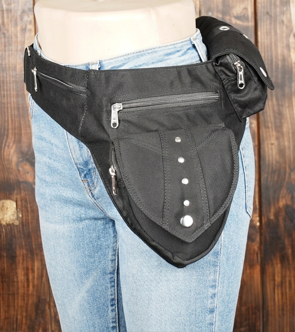 Black cotton belt pouch for rave festival and travel use