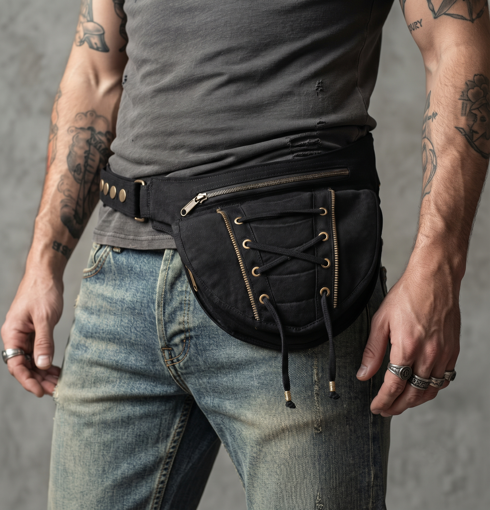 Black Cotton Canvas Fanny Pack with Goth Stud Detail - Stylish Utility Waist Bag for Travel & Festivals for unisex