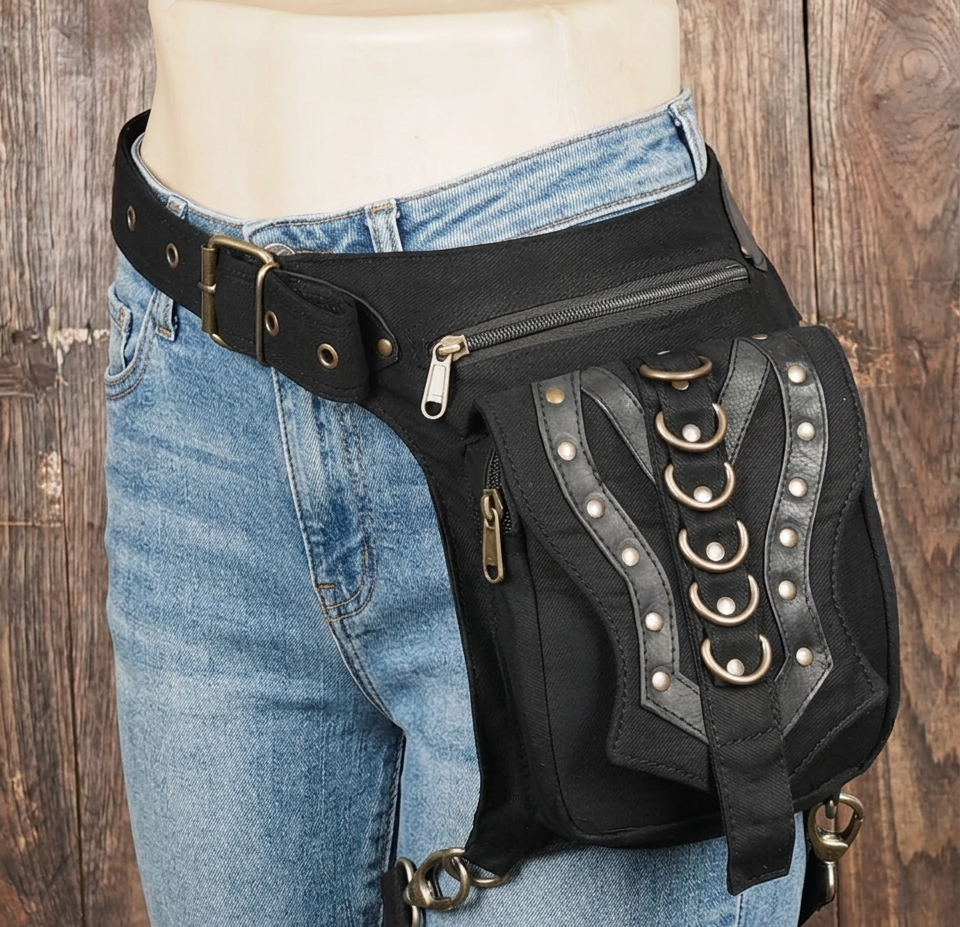 Boho festival belt pouch with antique brass accents and cargo pockets
