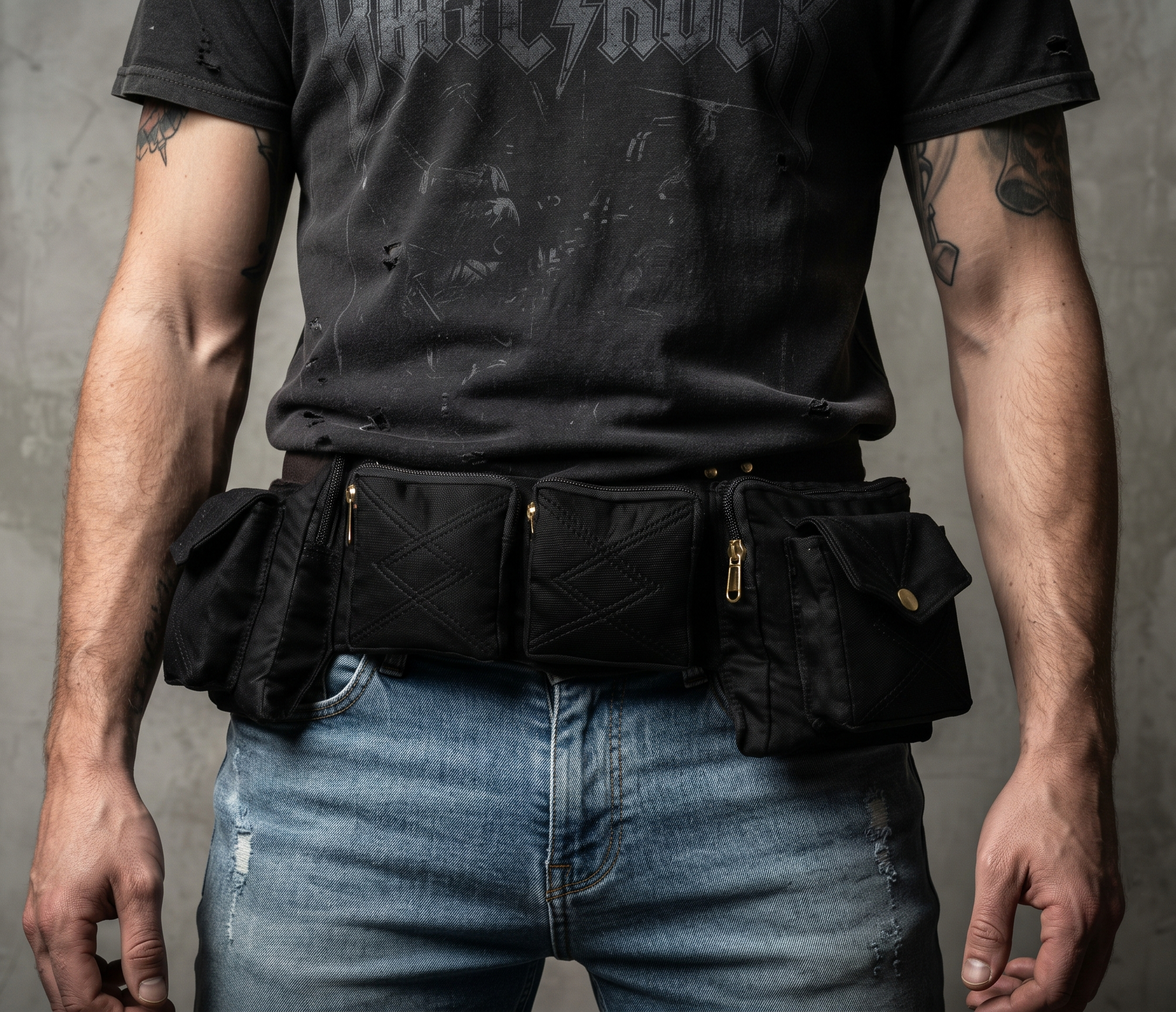Black Canvas Utility Belt Multi Pocket Festival Hip Bag Unisex Travel Waist Pack