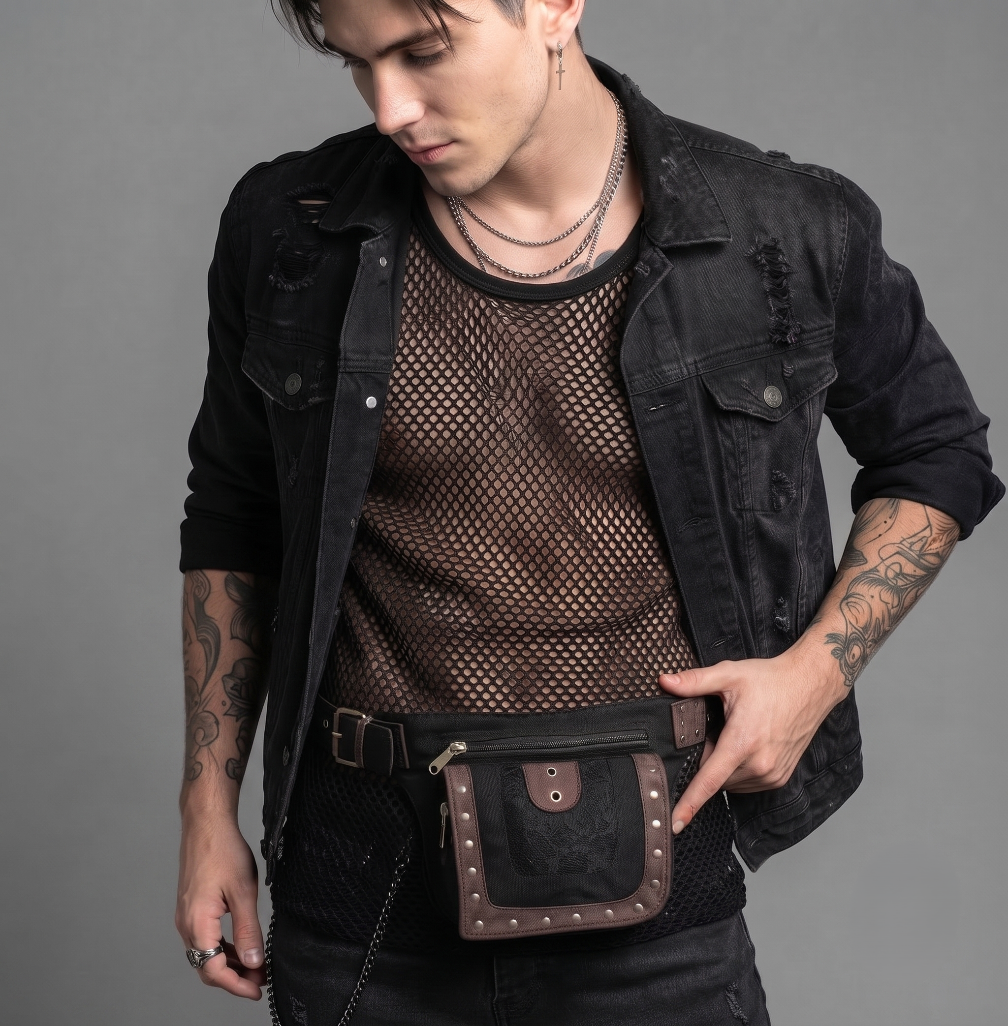 Black cotton utility waist bag with vintage brass fittings
