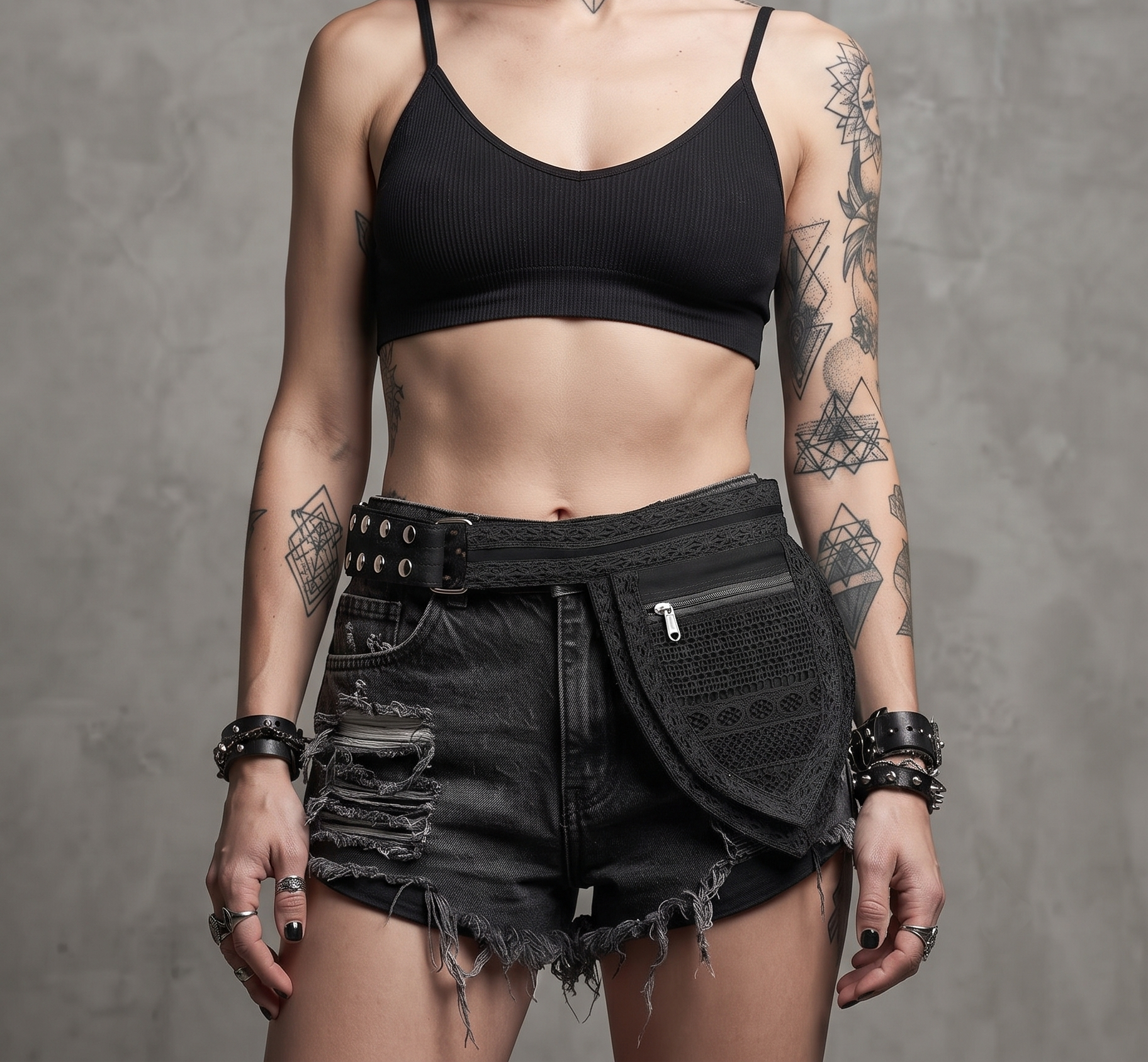 Lace Waist Bag with Adjustable Belt, Gothic Hip Pouch, Festival Fanny Pack, Silver Hardware