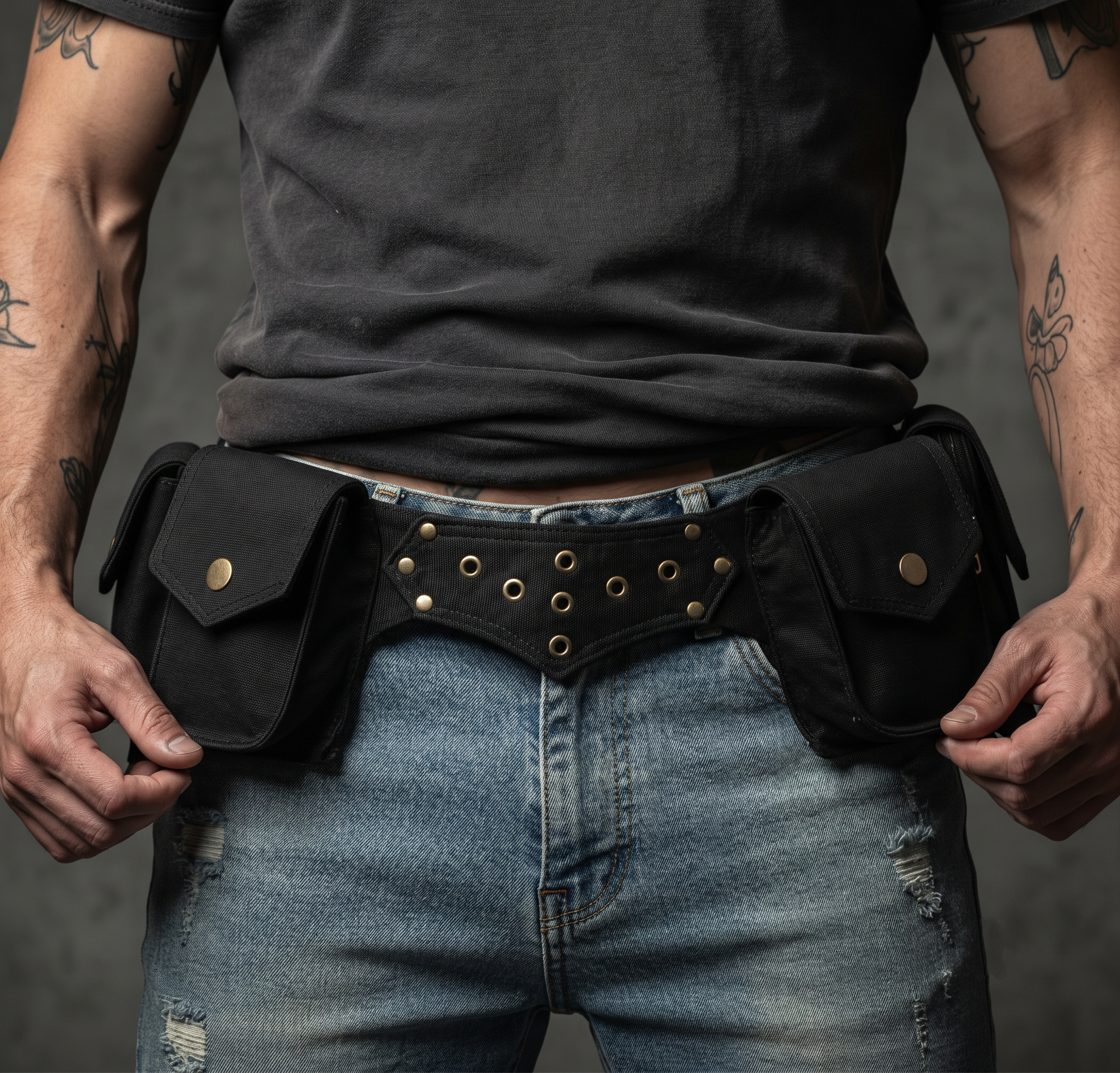 "Canvas Multi-Pocket Utility Belt with Studs & Buckles - Festival Gear, Gothic Waist Pack, Punk Hip Bag for Unisex (Black)"