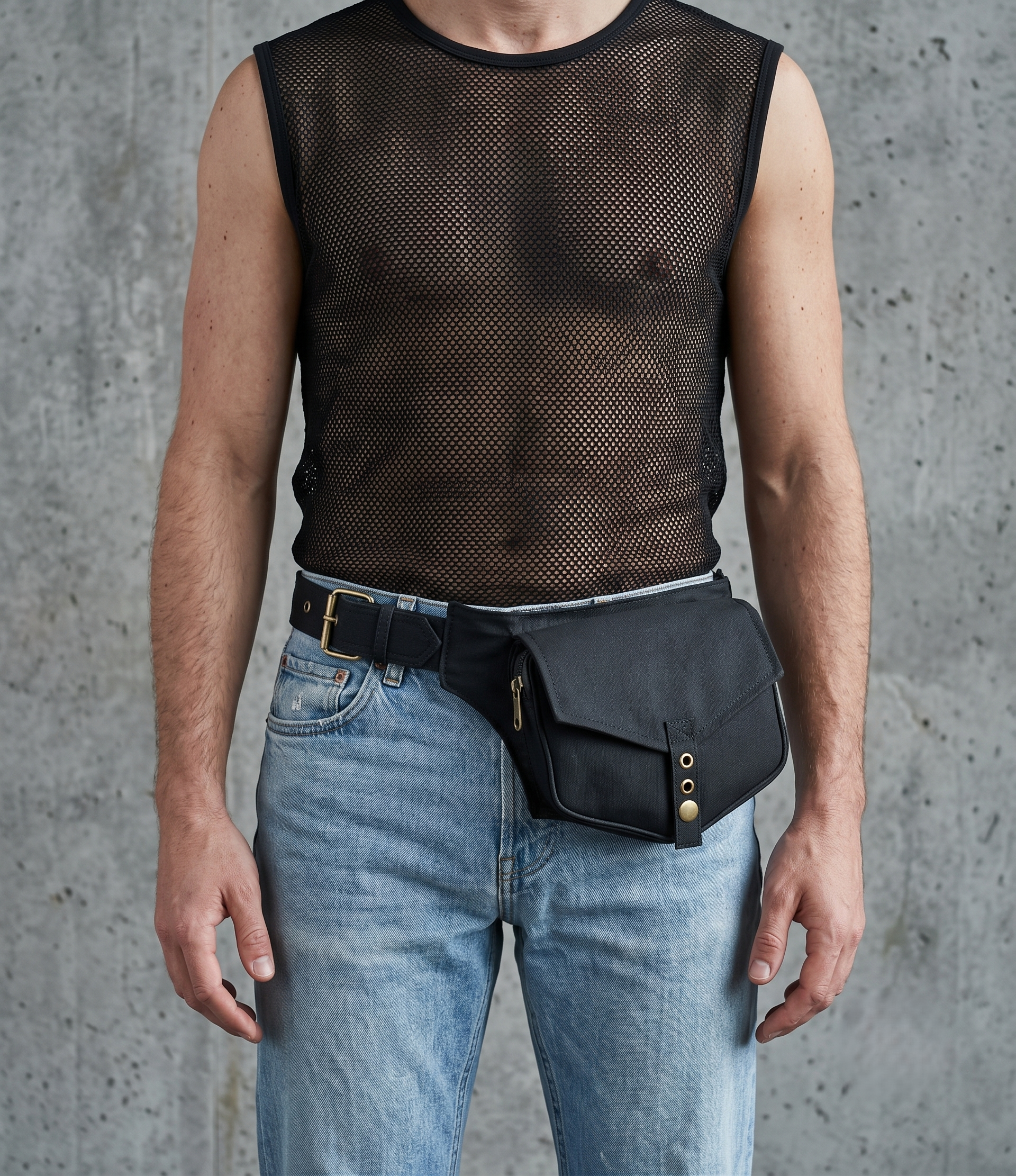 Unisex black utility hip pouch with adjustable belt and secure zipper storage
