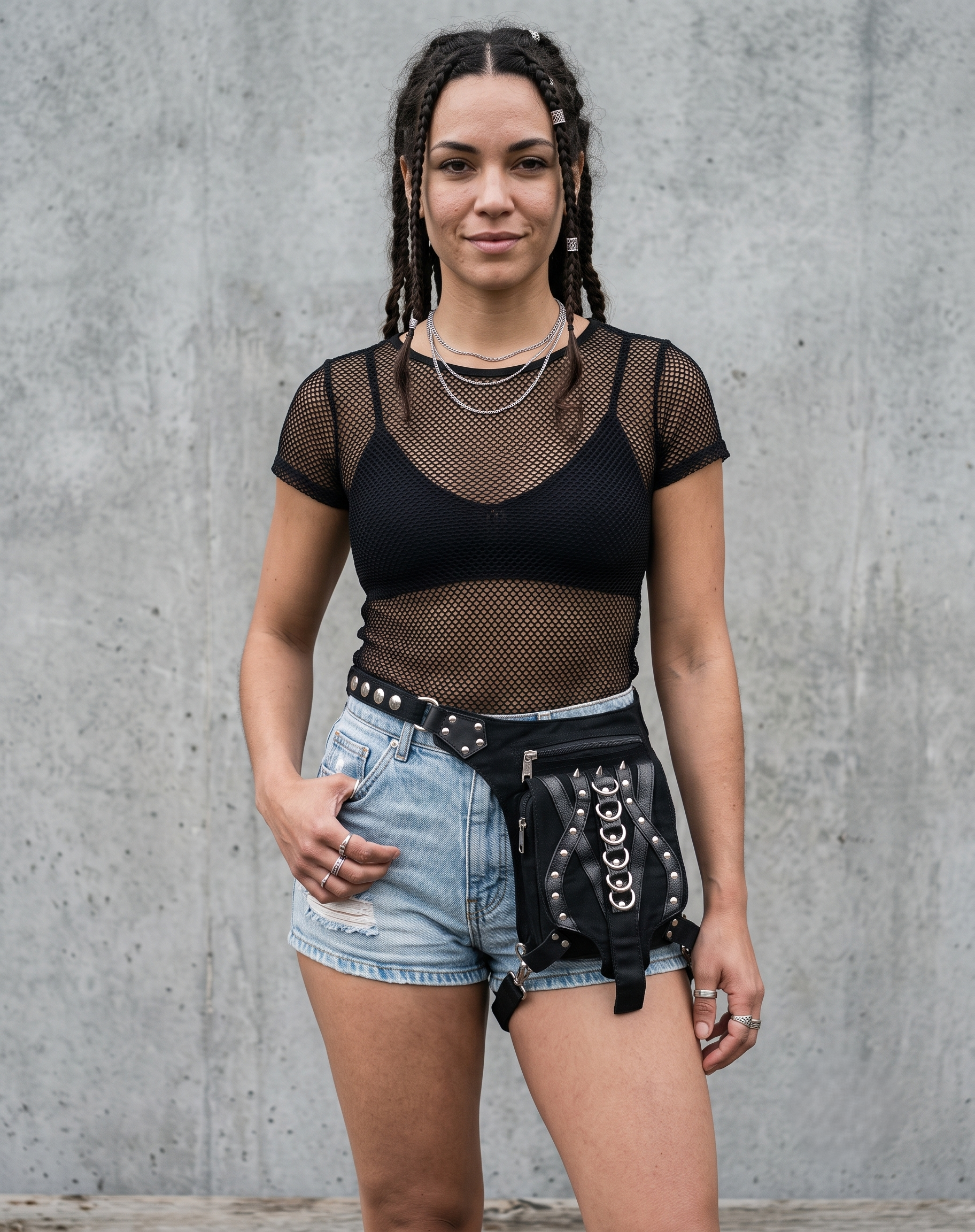 Black cotton waist thigh strap belt bag with silver studs and spikes, gothic punk leg holster