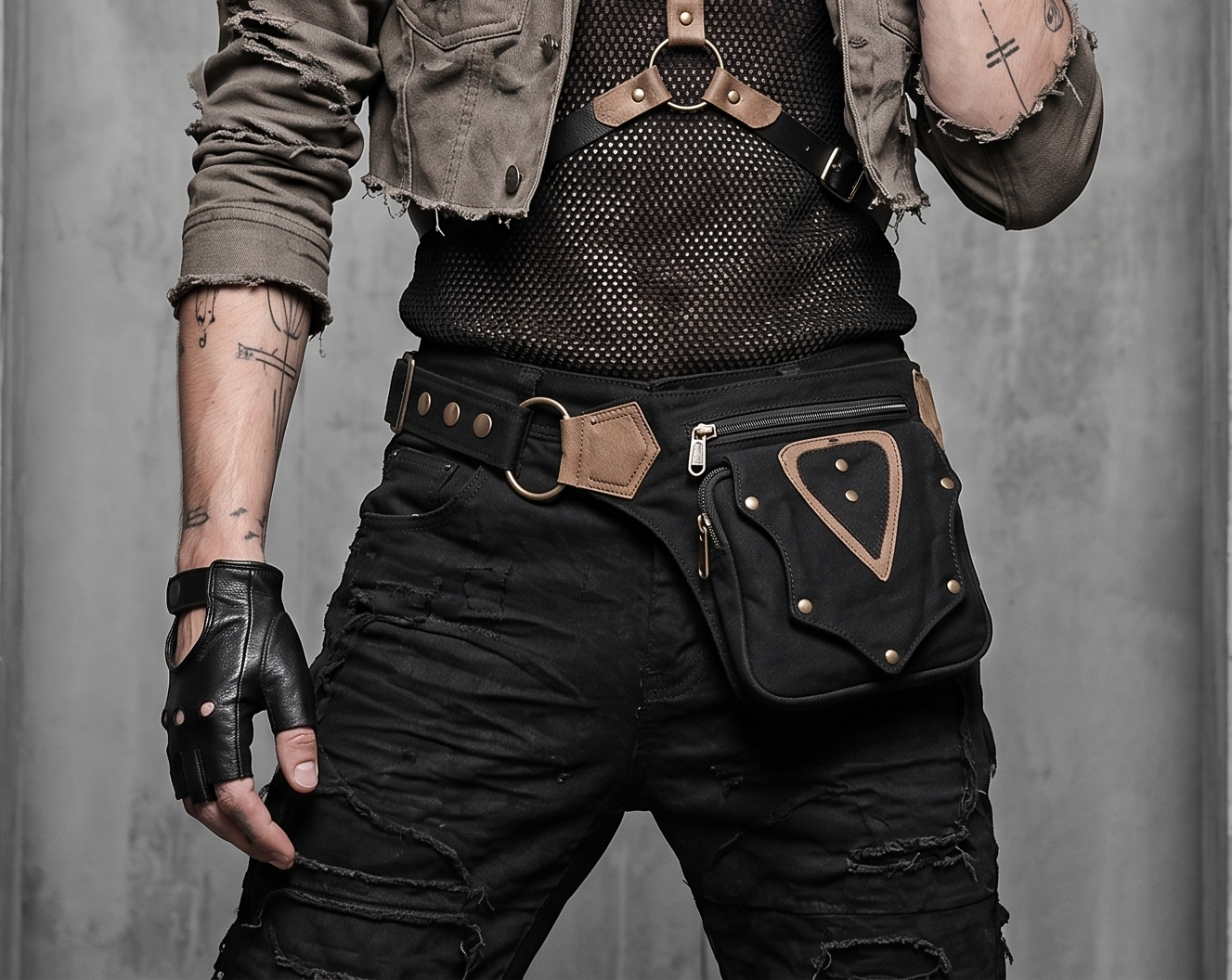 "Black Canvas & Brown Corduroy Utility Belt Bag -  Steampunk Festival Hip Pack with Rivets & Adjustable Strap"