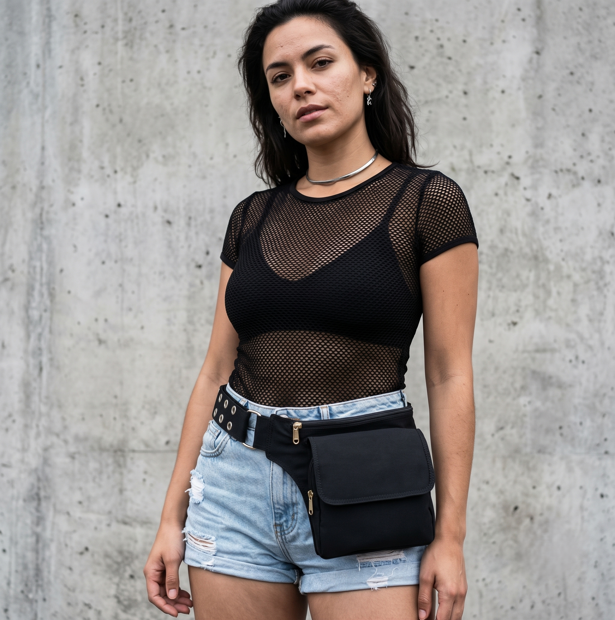 Black cotton pocket belt, hands-free bag for everyday carry