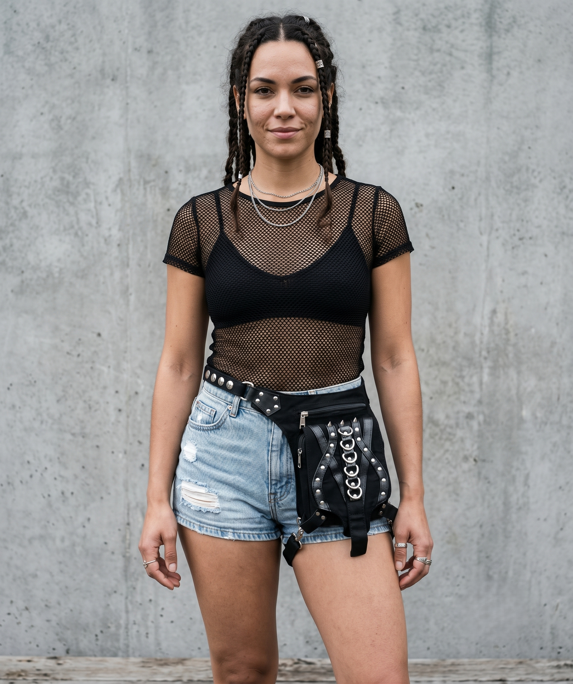 Gothic cotton thigh bag with adjustable waist strap, metal D-rings and spiked studs for festival wear