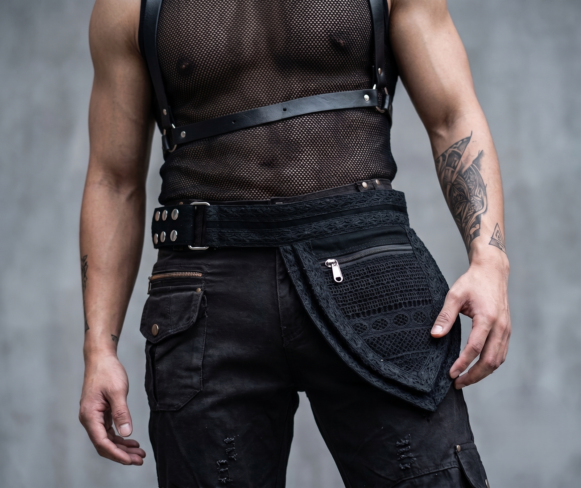 Lace Waist Bag with Adjustable Belt, Gothic Hip Pouch, Festival Fanny Pack, Silver Hardware