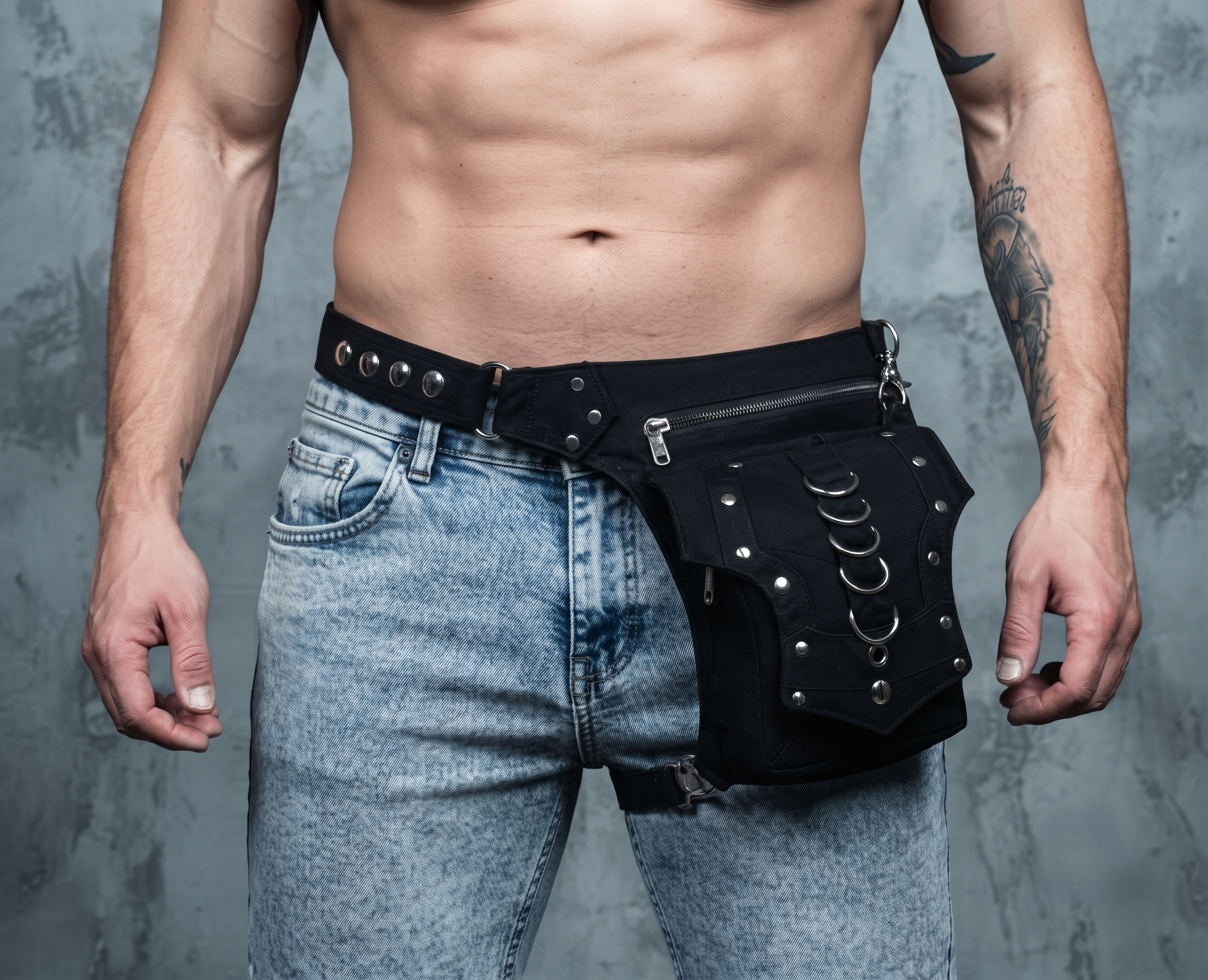 Black Cotton Thigh Pocket Belt – Multi-Pocket Festival Utility Unisex Bag.