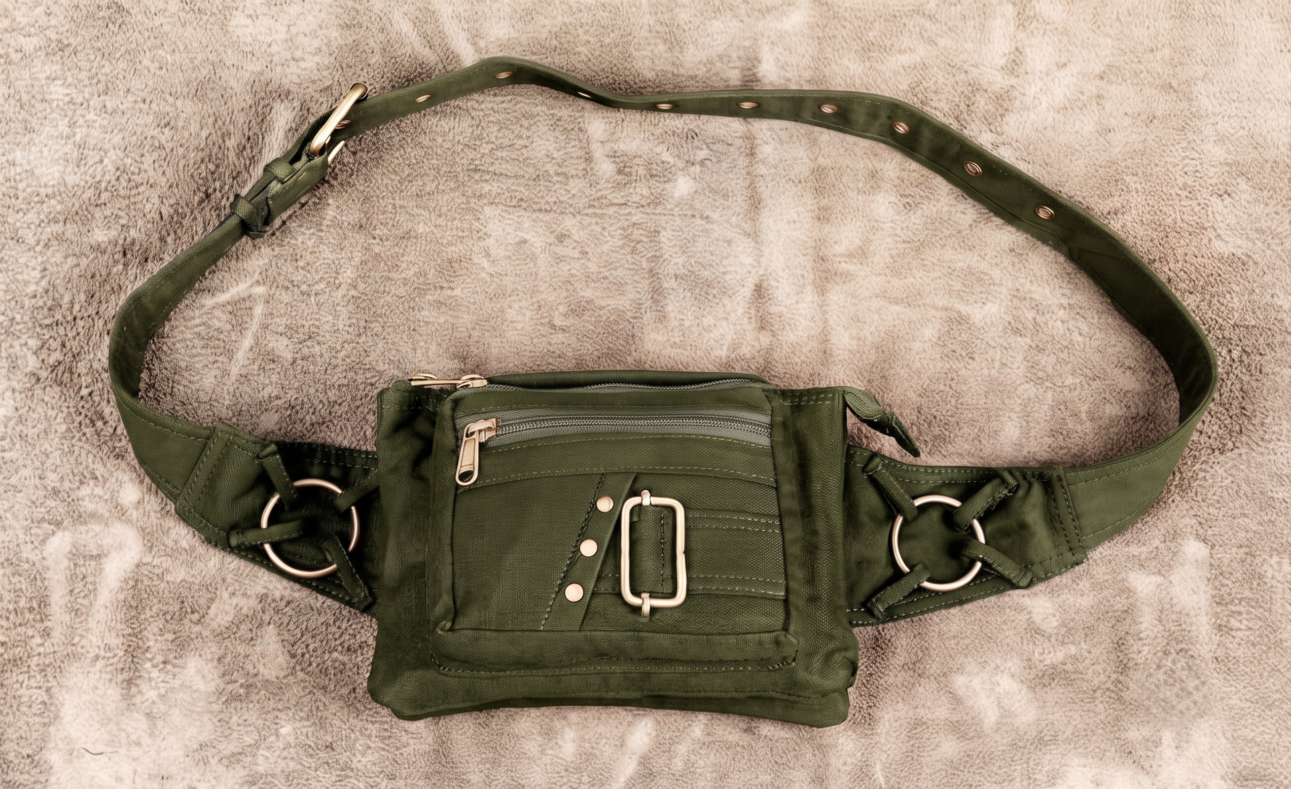 Festival Utility Belt – Black Canvas Waist Bag with Grommets & Antique Brass Details
