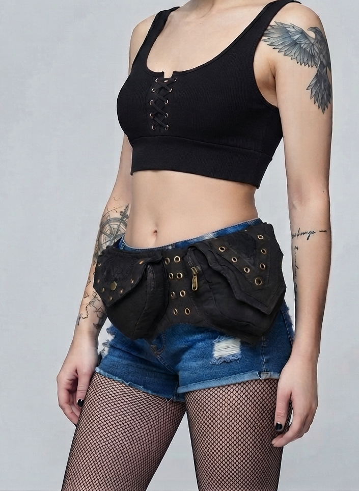 Women black cotton waist belt bag with double utility pockets