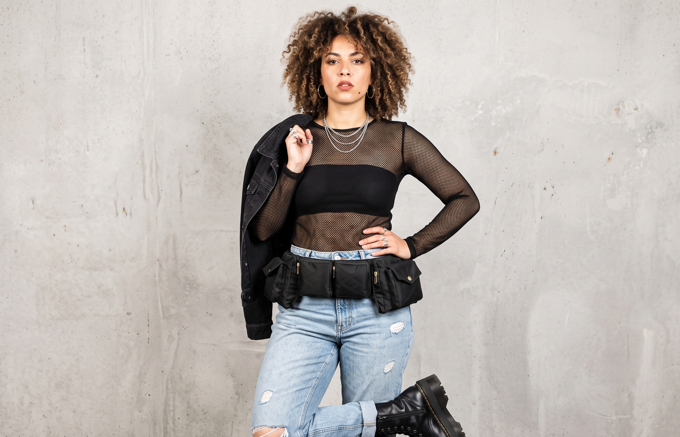 Black cotton utility belt with multiple pockets