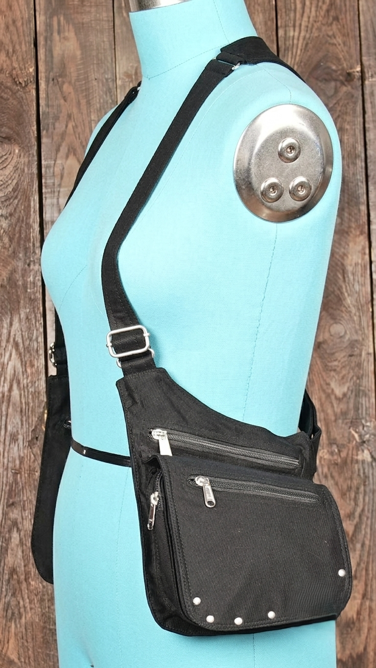 Gothic utility harness with black cotton fabric and metal details