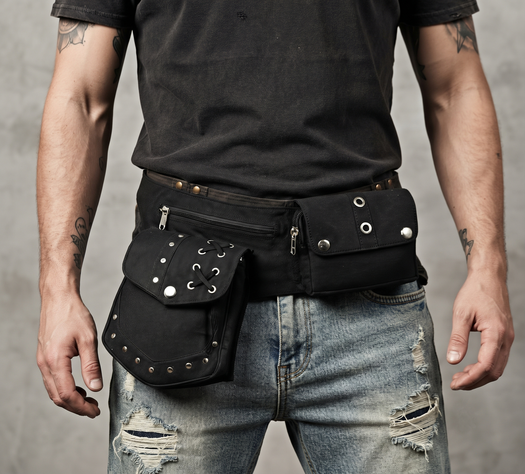 Black Cotton Waist Belt Bag with Multiple Pockets Silver Studs and Adjustable Straps for Unisex Festivals