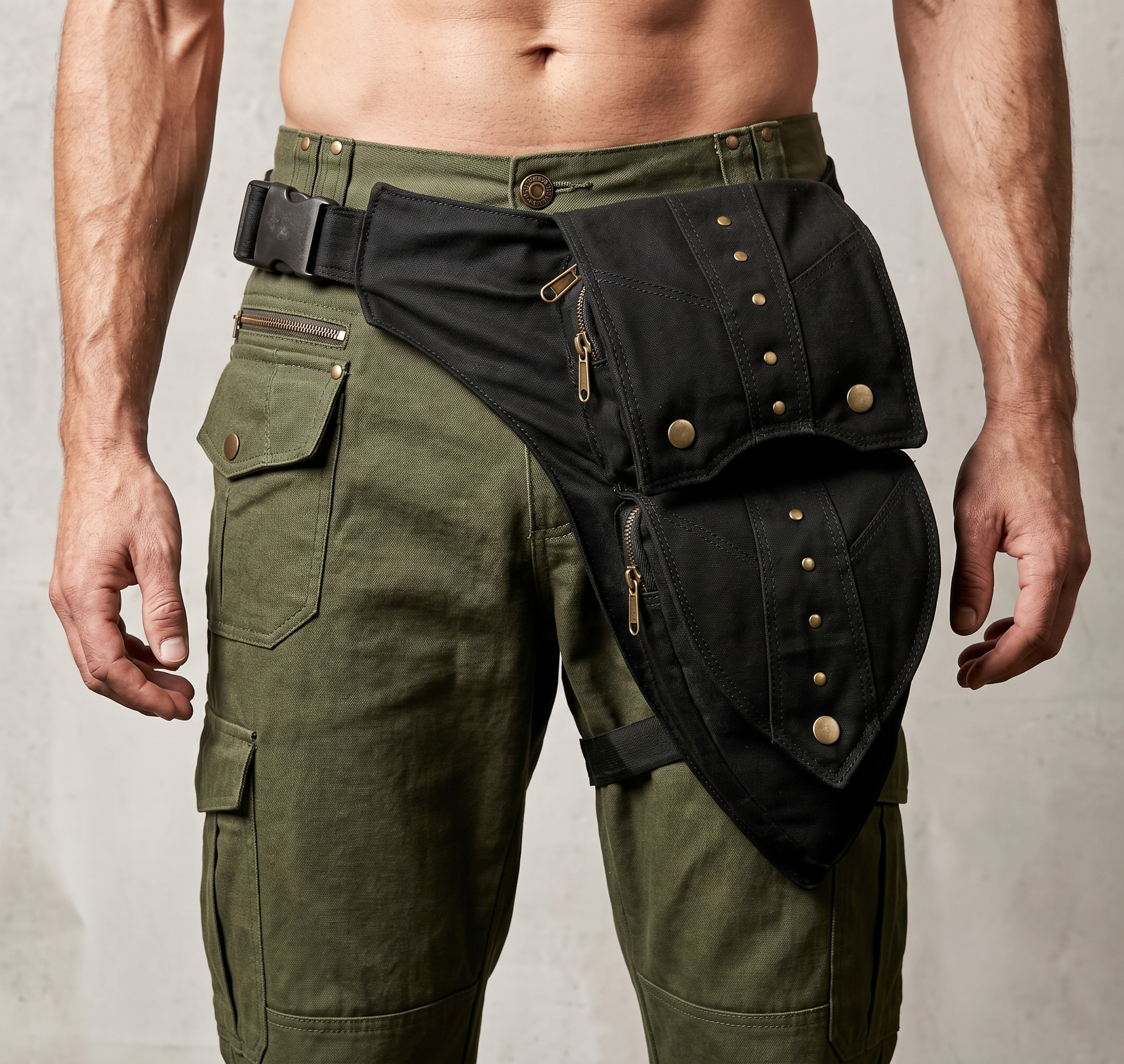 Lightweight cotton hip and thigh bag with brass details and zipped storage