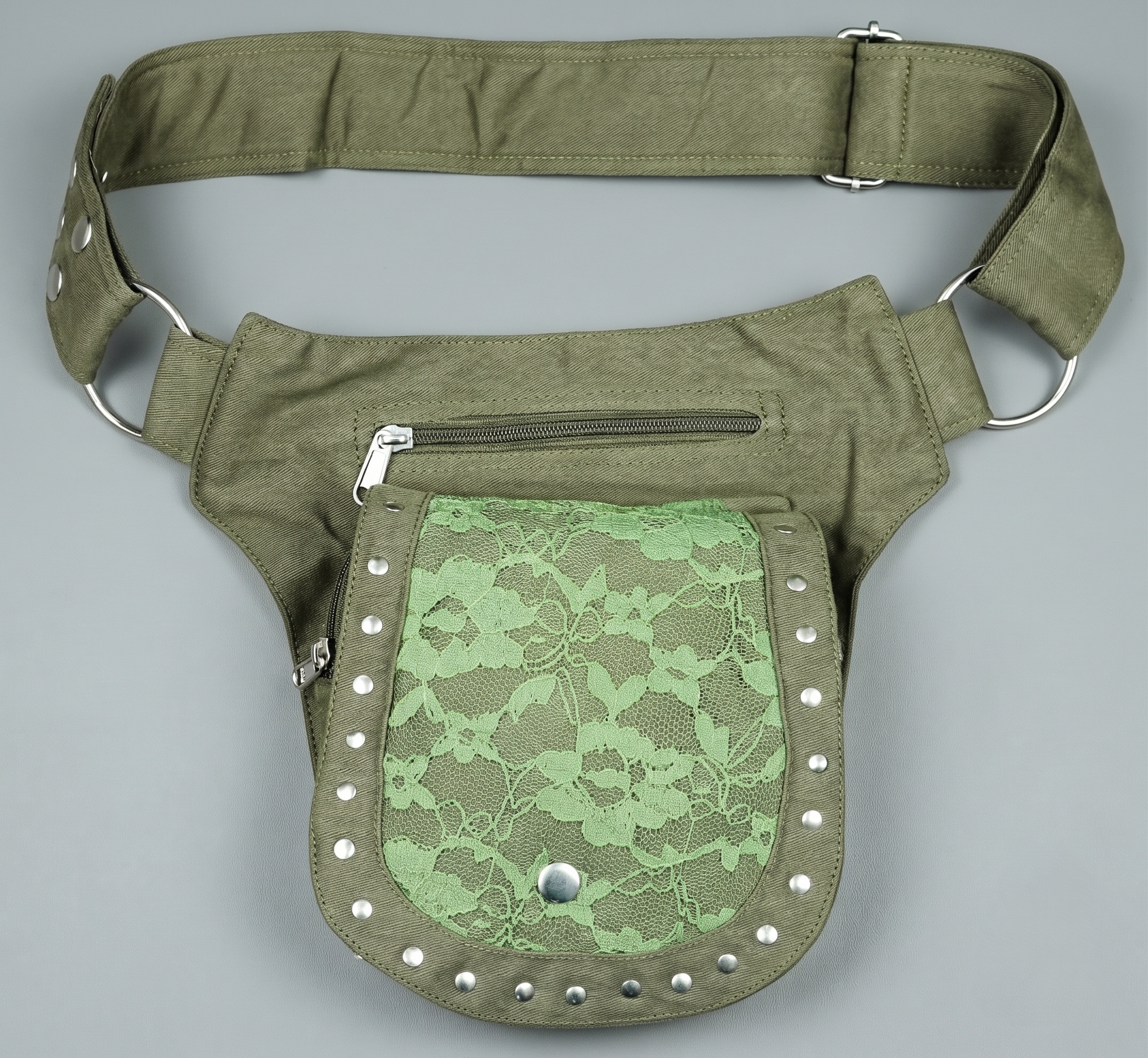 secure zipper bumbag with quick-access studded flap pocket and durable metal hardware