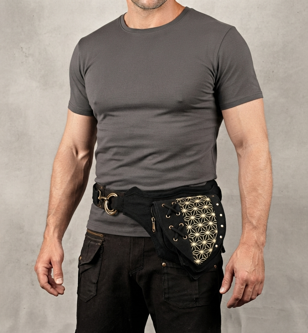 Black Cotton Waist Belt Bag, Geometric Festival Hip Pouch, Lace Up Utility Pack, Unisex Travel Accessory (CTN/AB/WB/1002)