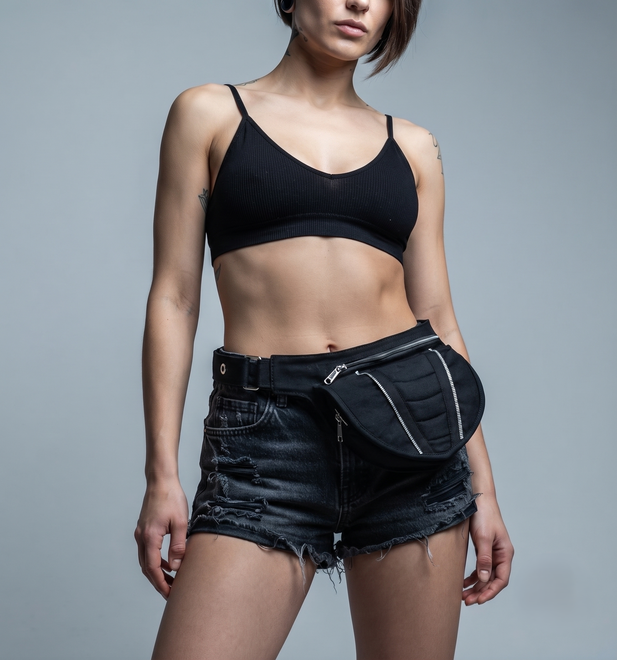 Cotton waist bag with quilted shield design, dual zippers & adjustable strap. Edgy, festival-ready, everyday use.