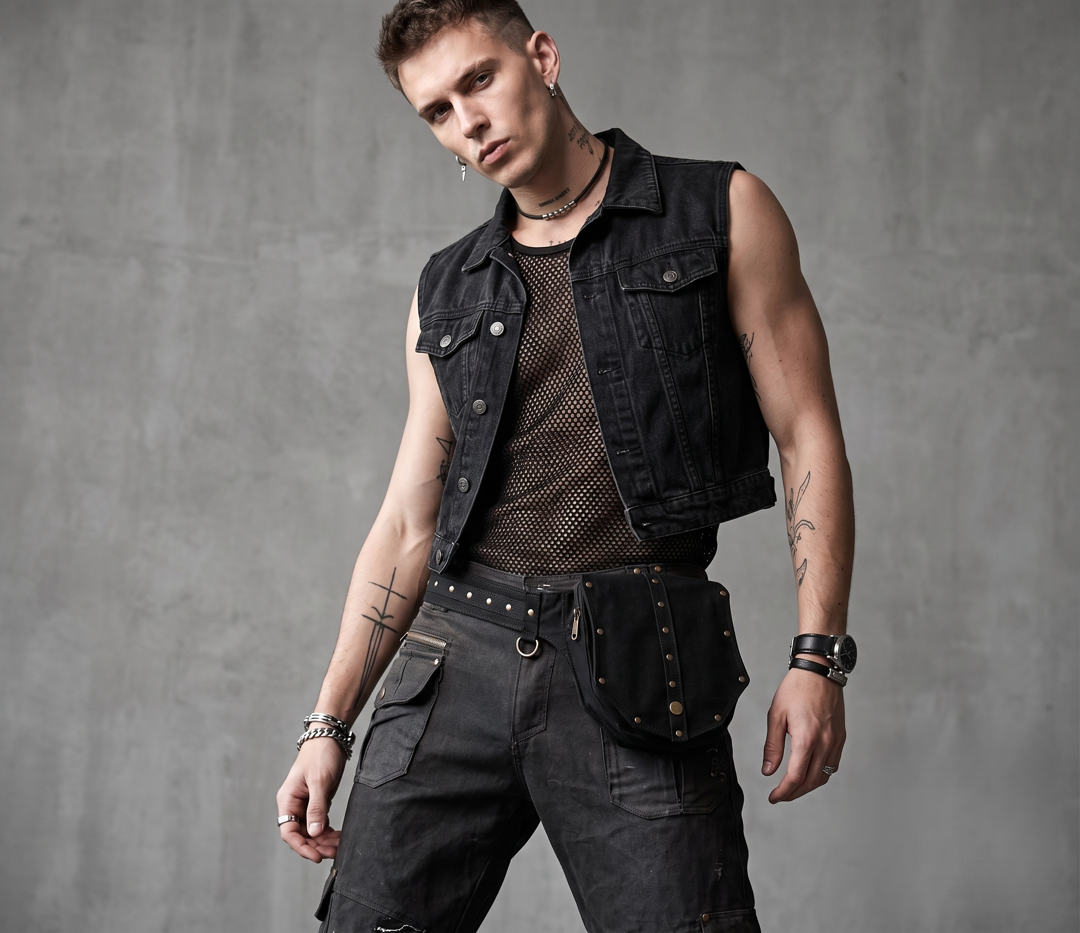 Handcrafted Gothic Cotton Utility Waist Bag – Multi-Pocket Hip Pouch with Brass Hardware & Stud Detail